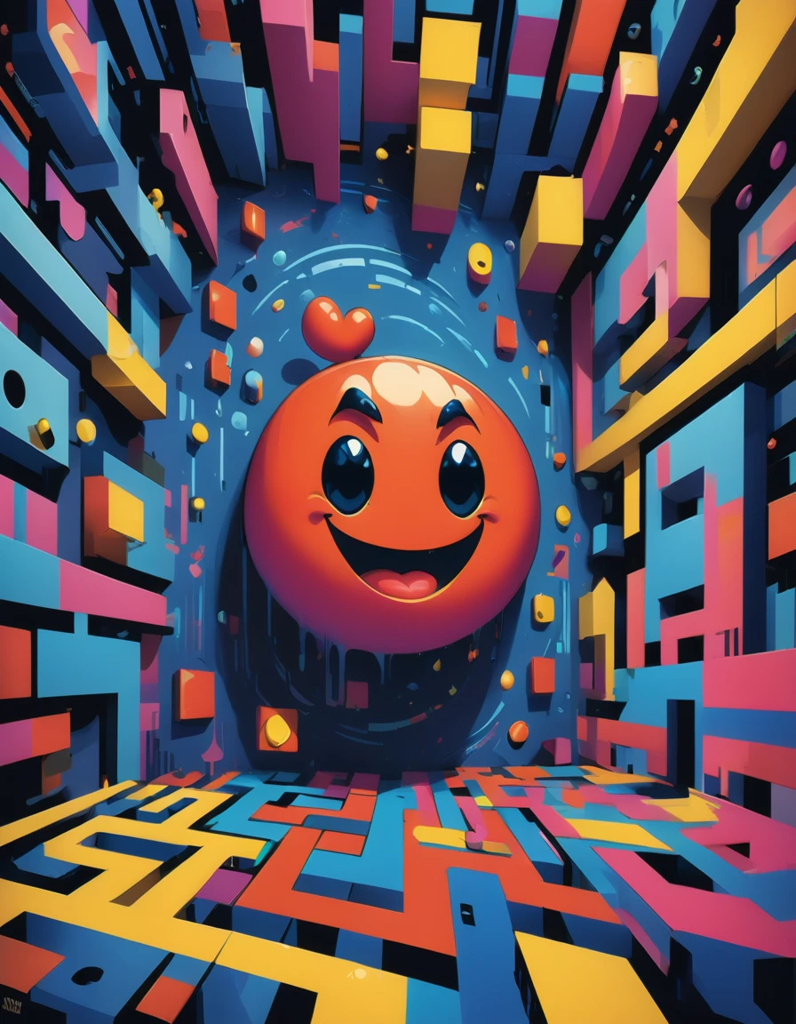 Generate an image that fuses the retro charm of Pac-Man with the vibrant energy of contemporary pop art. Transform the classic Pac-Man characters and maze into bold, colorful shapes and patterns reminiscent of the works of artists like Andy Warhol and Roy Lichtenstein. Pac-Man himself could be portrayed as a larger-than-life figure, rendered in eye-catching neon hues and surrounded by a kaleidoscope of swirling ghosts. Incorporate elements of modern culture, such as emojis, hashtags, or popular memes, into the maze design to reflect the influence of digital media on society. Embrace the playful, irreverent spirit of pop art to create a visually dynamic and engaging interpretation of this beloved retro game.