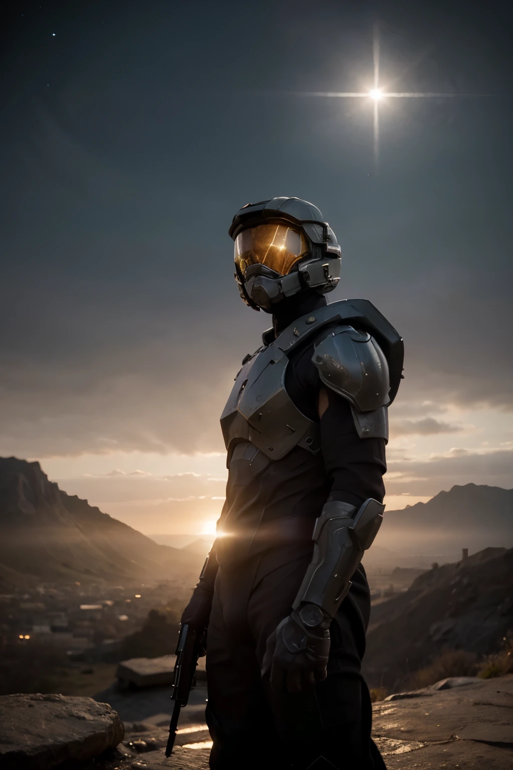 No vasto universo de "Halo", a science fiction epic filled with intrigue, conflicts and heroism, o personagem central, conhecido como Master Chief, emerges as a symbol of resistance and hope against the forces of evil that ravage the cosmos. Dominando a cena, encontramos o Master Chief, wearing his iconic green armor and holding tightly to his weapon, com um olhar determinado e penetrante enquanto observa a paisagem desolada diante dele.
The environment around you is as majestic as it is threatening: vast horizons dominated by star-filled skies, alien landscapes punctuated by ancient ruins and, ao longe, glimpses of cosmic battles that will define the fate of the galaxy. Em seu rosto, a mix of determination and resolve reflects the epic journey he undertakes, facing formidable enemies, braving hostile territories and defending humanity against the approaching darkness.
Com sua postura firme e sua arma pronta para o combate, the Master Chief embodies the courage and tenacity of legendary heroes, inspiring those around him to never give up the fight for freedom and survival. Assim, it stands as a symbol of hope amidst the chaos of the universe of "Halo".((Melhor qualidade)), ((obra de arte)), (detalhado)