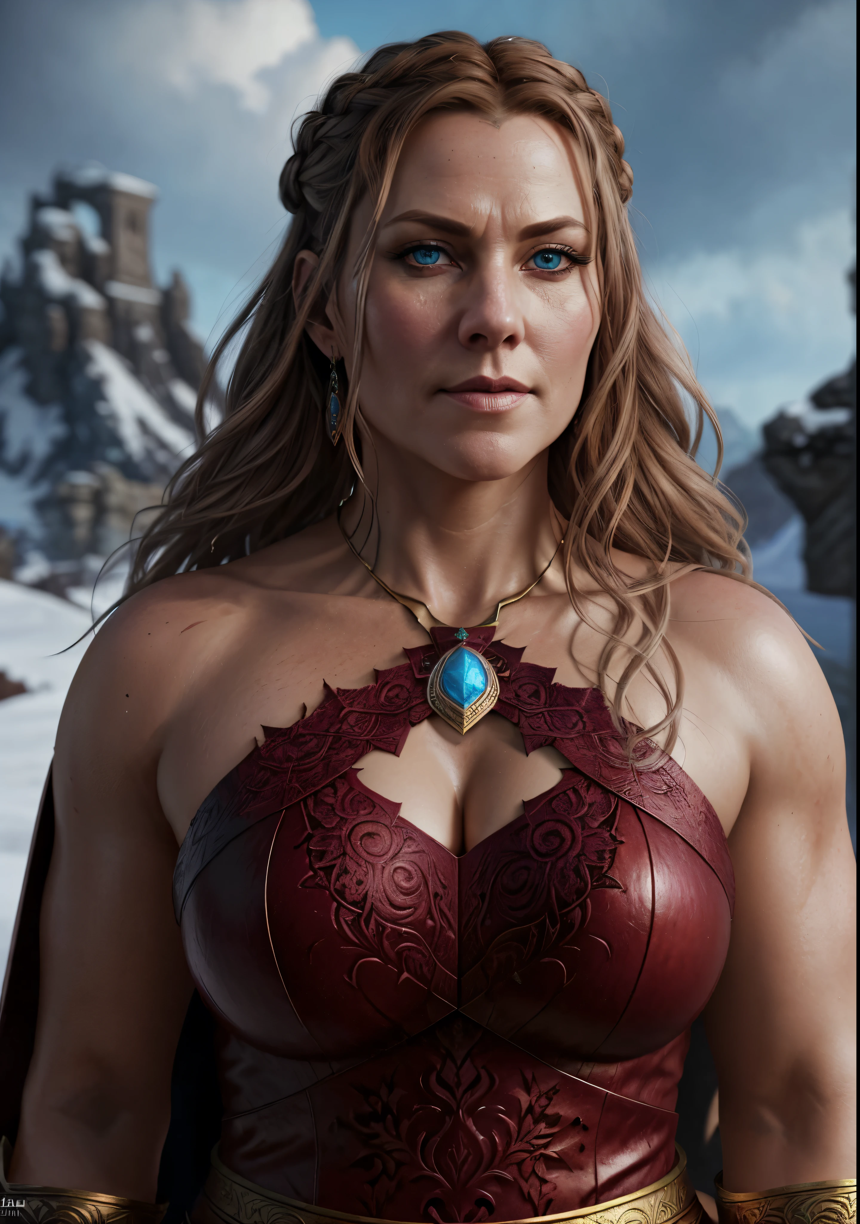 Full body Portrait of the Great Nordic Queen, a very gorgeous woman, 50 years old, thick healthy body, erotic warrior costumes, dark red styled fluffy hair, natural Blue eyes, a nose with a bump, an elongated chin, dressed in ancient national,
8k resolution, dynamic lighting hyperdetailed intricately detailed Splash art trending on Artstation triadic colors Unreal Engine 5 volumetric lighting, oil painting, heavy strokes