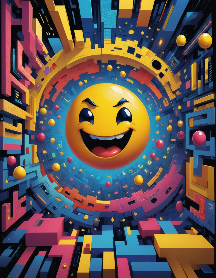 A dazzling fusion of Pac-Man and pop art, featuring a larger-than-life Pac-Man character in vibrant neon hues. He is surrounded by a whirlwind of ghosts, each with distinct colors and patterns, reminiscent of Warhol's famous silkscreens. The maze is transformed into a kaleidoscope of bold, colorful shapes and patterns, resembling Lichtenstein's comic-inspired works. Modern cultural elements, such as emojis, hashtags, and popular memes, are integrated into the maze design, symbolizing the impact of digital media on contemporary culture. The overall composition exudes the playful, irreverent spirit of pop art, creating a visually dynamic and engaging homage to the classic Pac-Man game.