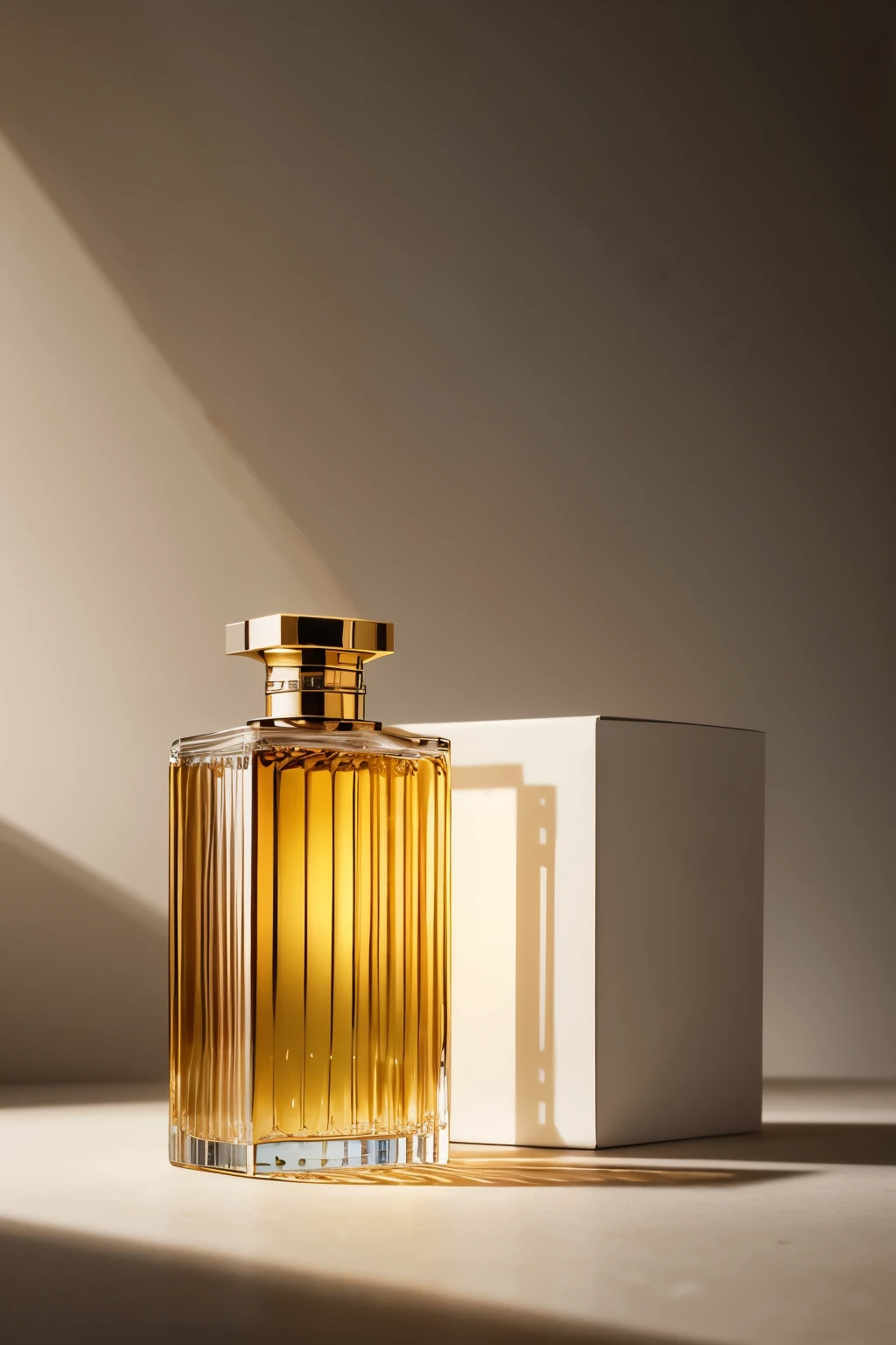 Studio Masterpiece: 1.3), Perfume Bottle, Intimate Setting, Side-by-side, Refined Elegance:
Best quality, high resolution, Masterpiece: 1.3, Studio photograph of a perfume bottle and its box,
Bottle and box in perfect harmony,
No labels adorn these exquisite objects,
Exposed for your detailed inspection,
Captured in crisp, clear resolution,
Perfume bottle, sleek and slender,
Box, intricately designed and textured,
Delicate interplay of light and shadow,
Enticing aroma wafts through the scene,
Artful composition, empty yet