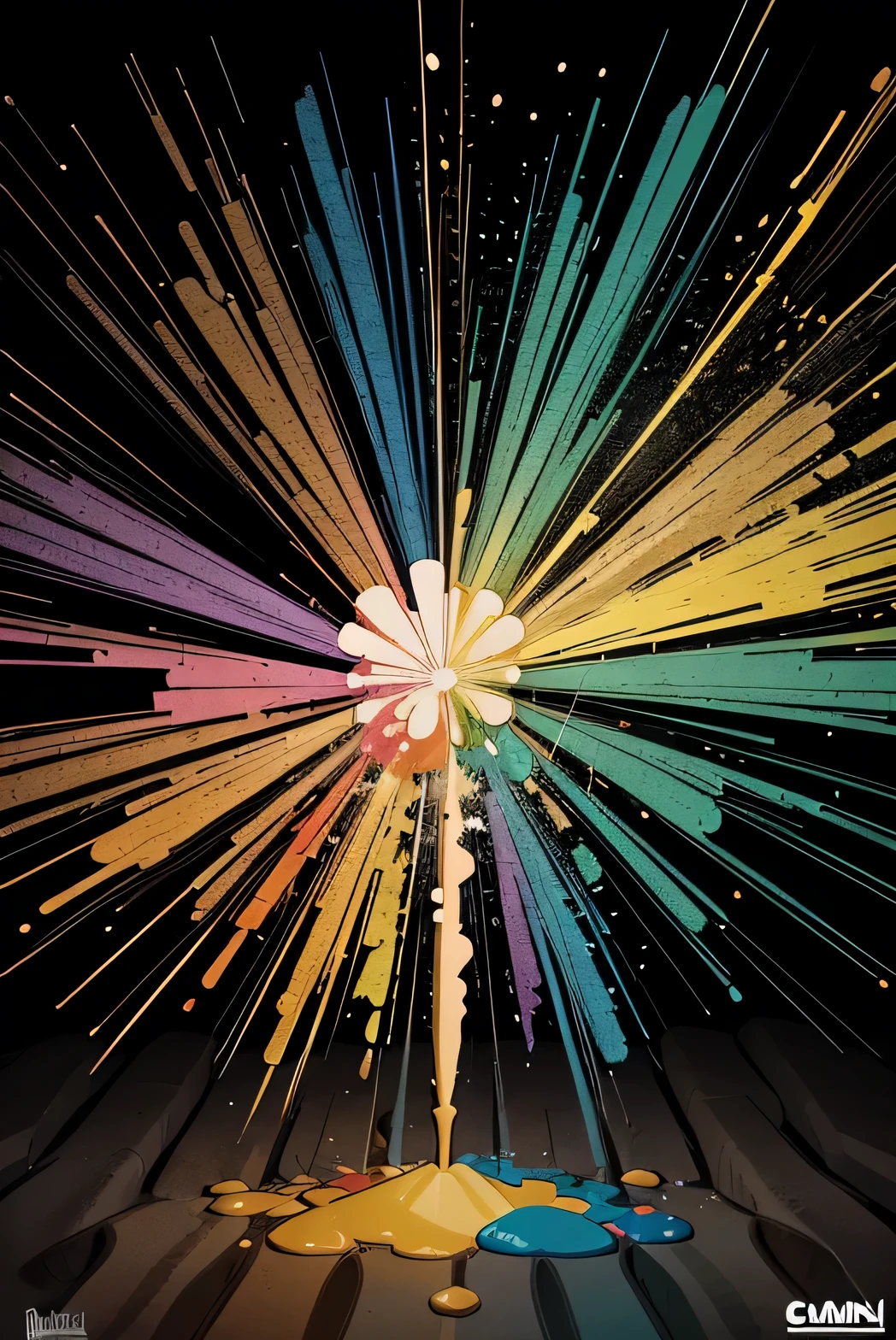 criar cartoon splash animation cartoon de um foguete multicolorido decolando e explodindo uma paleta de cores na tela