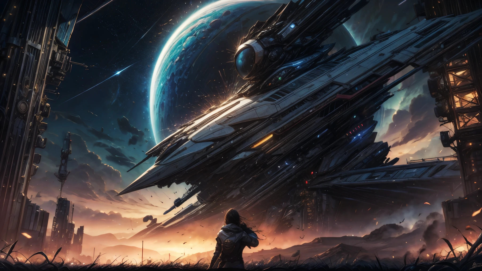 space event, space ship in front of two planets collapsing into it, sharp focus, concept art, very detailed, very realistic, trending on artstation, in the style of star citizen, star wars, overwatch, elite dangerous, beautiful, sci fi, unreal engine, wide shot, highres, 4K, 8k, award winning, high quality, best quality, super detail, high details, ccurate, masterpiece
