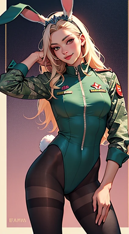 uma obra-prima, Melhor qualidade, woman wearing a militar camouflage LEOTARD,rabbit ears tiara,fake eyelashes,fleshy lips,looking to observer, little smile,tan pantyhose,SCENARIO florish florest background