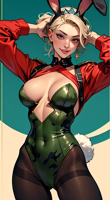 uma obra-prima, Melhor qualidade, woman wearing a militar camouflage LEOTARD,rabbit ears tiara,fake eyelashes,fleshy lips,looking to observer, little smile,tan pantyhose,SCENARIO florish florest background