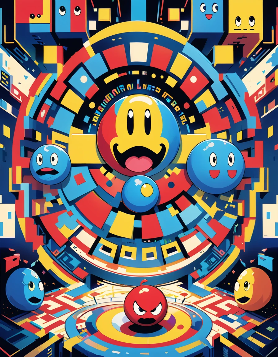 A dazzling fusion of Pac-Man and pop art, featuring a larger-than-life Pac-Man character in vibrant neon hues. He is surrounded by a whirlwind of ghosts, each with distinct colors and patterns, reminiscent of Warhol's famous silkscreens. The maze is transformed into a kaleidoscope of bold, colorful shapes and patterns, resembling Lichtenstein's comic-inspired works. Modern cultural elements, such as emojis, hashtags, and popular memes, are integrated into the maze design, symbolizing the impact of digital media on contemporary culture. The overall composition exudes the playful, irreverent spirit of pop art, creating a visually dynamic and engaging homage to the classic Pac-Man game.