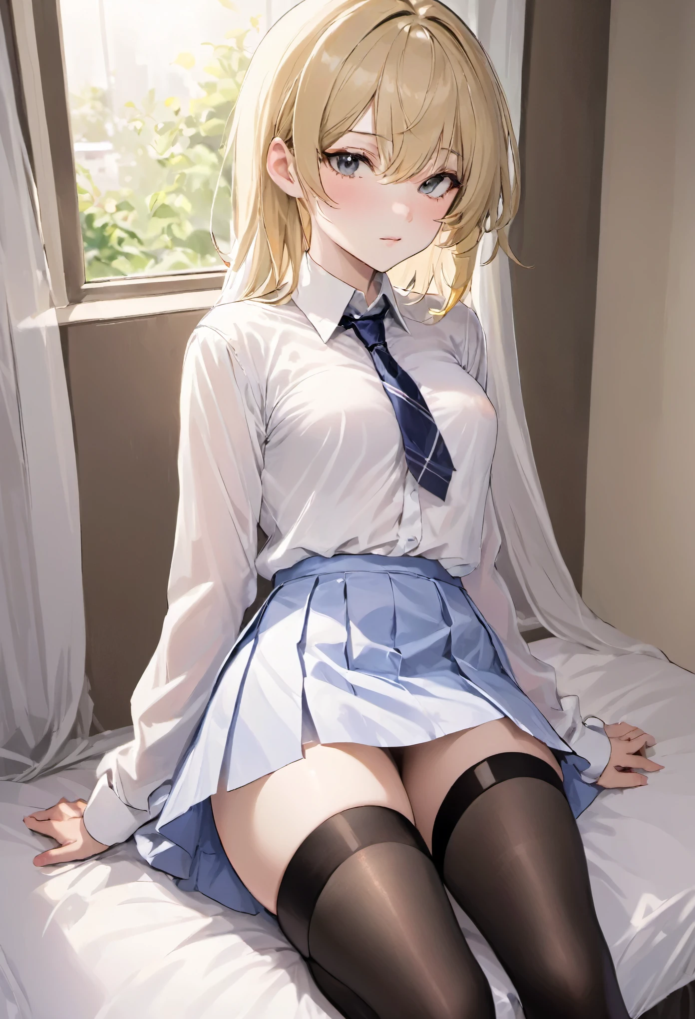 Femboy boy, feminine boy, tender, slim body, curves, thick thighs, flat chest, mini skirt, white shirt open, cute, submissive, tender, veiled stockings.