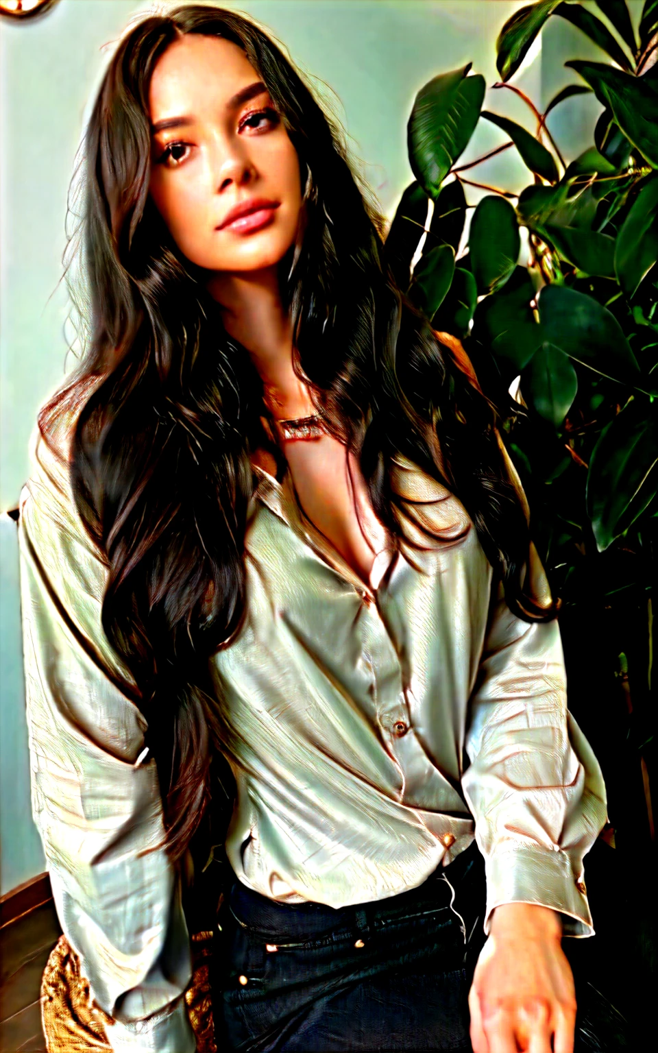 1 adult woman, long hair, curly hair, black colored hair, soft skin, brown eyes, sky, plants, long shirt, short tailoring, company