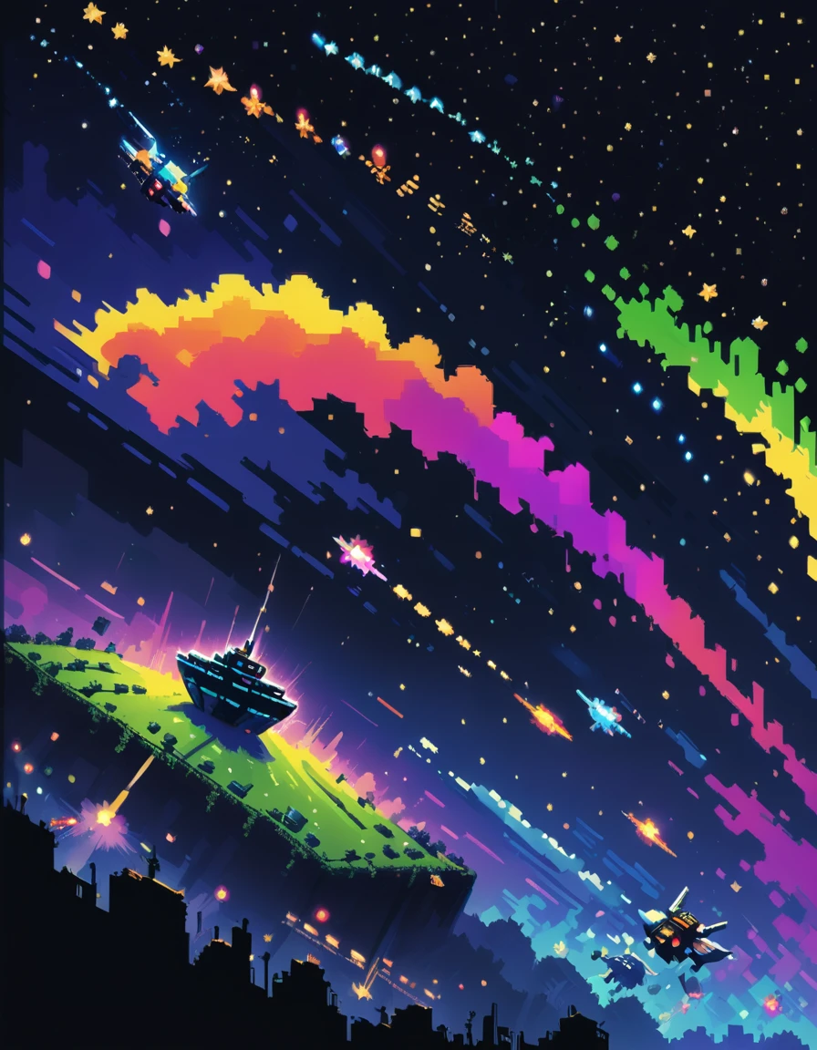 Create a retro pixel art illustration inspired by Space Invaders, capturing the nostalgic essence of classic arcade gaming. Picture a dark, starry sky as the backdrop, with pixelated stars twinkling in the distance. In the foreground, depict the iconic Space Invaders aliens descending in formation, their blocky designs paying homage to the game's original sprites. The player's ship, a sleek pixelated vessel, should be positioned at the bottom of the screen, firing pixel bullets upward toward the invading horde. Enhance the scene with vibrant colors reminiscent of old-school arcade cabinets, and incorporate pixel-perfect details such as exploding aliens and laser blasts to evoke the thrilling intensity of the gameplay. Let the artwork transport viewers back to the golden age of arcade gaming with its timeless retro charm and pixel art aesthetics.