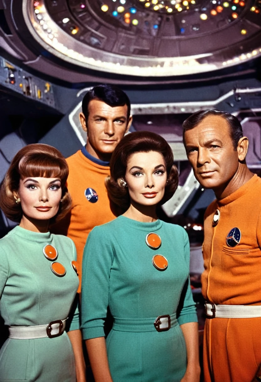(((IMAGEM INTERNA de uma nave espacial))) Interior shot of an old starship from a 1960s TV series, lost in space, republic series, Programa de TV de Irwin Allen, Science fiction, Star style colorful uniforms Trek and lost in space, retro look, Vintage, estilo antigo, rostos perfeitos like actors from the 1960s, ((rostos perfeitos)), grande, conjunto interno bem colorido, ((rostos perfeitos)), Equipe, enhanced faces, estrangeiro, robot, Science fiction, TV studio lighting, estilo antigo image, TV series style, (((dentro de portas)))