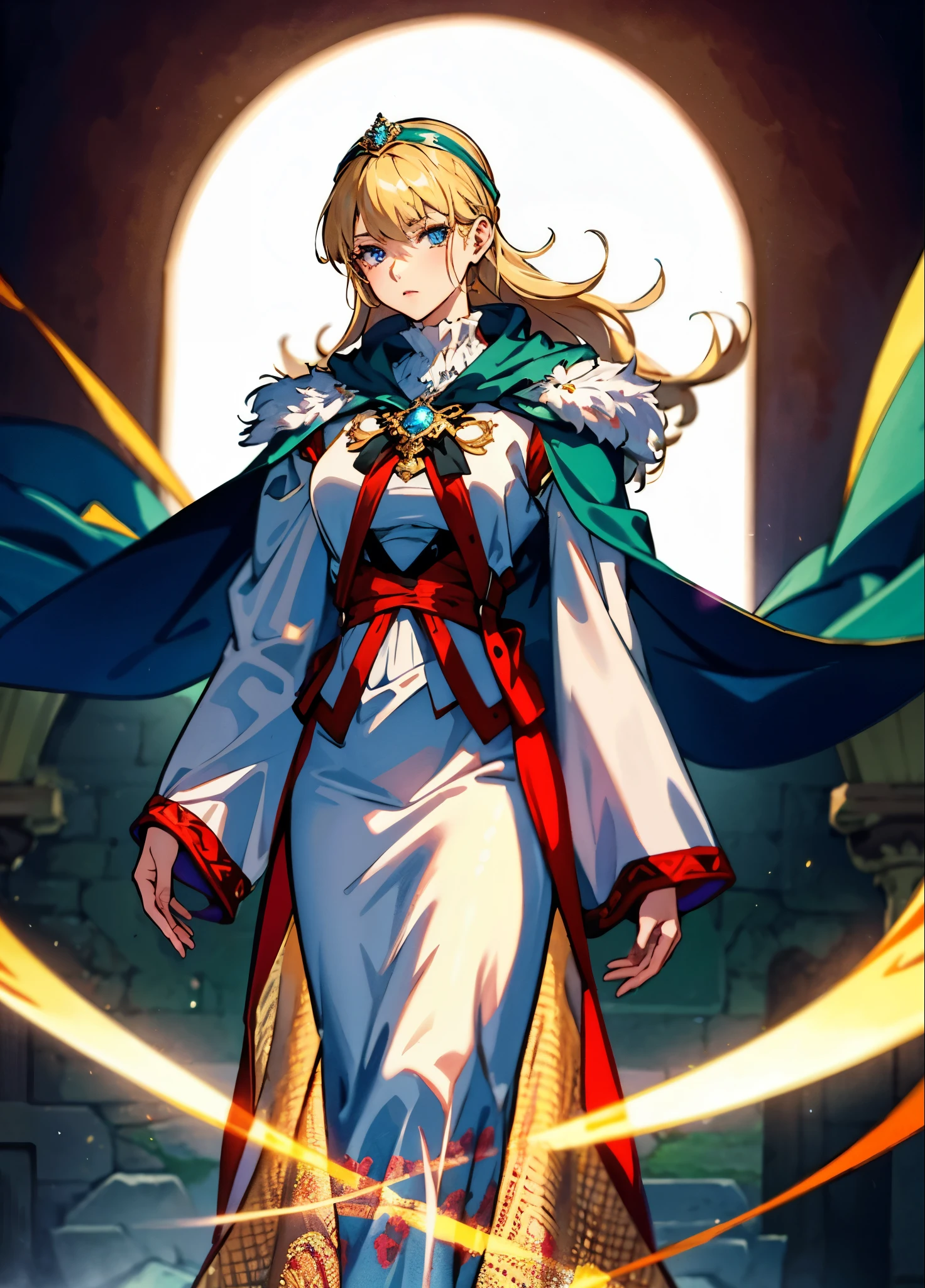 A girl with long golden hair, choppy bangs, Nordic heritage, a petite figure, delicate facial features, pale skin, porcelain skin, an innocent yet determined gaze, she wears an exquisite headband, dressed in a two-piece fantasy-style Slavic royal gown, a fur shawl draped over her shoulders, wide sleeves, a luxurious layered skirt, the background features a fantasy-style royal castle, this character embodies a finely crafted fantasy-style Slavic princess in anime style, exquisite and mature manga art style, high definition, best quality, highres, ultra-detailed, ultra-fine painting, extremely delicate, professional, anatomically correct, symmetrical face, extremely detailed eyes and face, high quality eyes, creativity, RAW photo, UHD, 32k, Natural light, cinematic lighting, masterpiece-anatomy-perfect, masterpiece:1.5