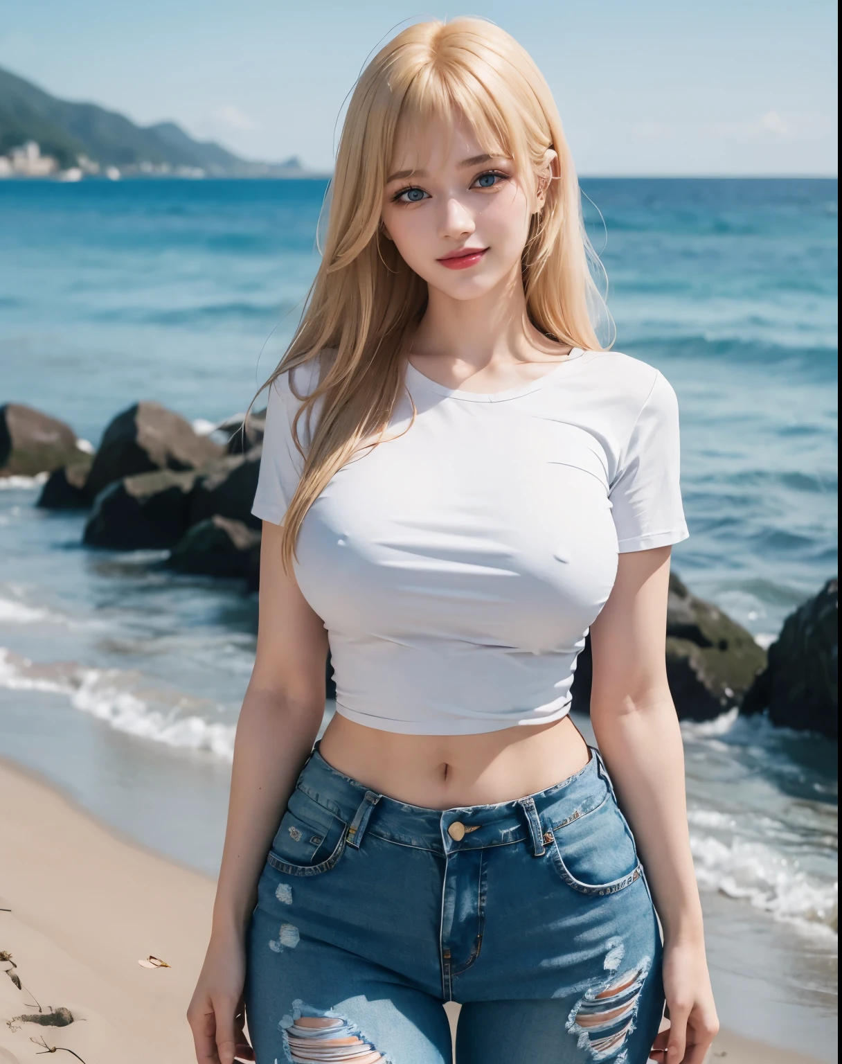 1girl, (Blue Eyes), (smiling :1.2), (Sana Minatozaki), (beautiful makeup :1.2), wide hips, Big tits, big ass, (Best Quality, 8k, Masterpiece: 1.3), Clear Focus: 1.2, Perfect Body Beauty: 1.4, strong abs, Highly detailed face and skin texture, detailed eyes, double eyelids, red lips, (blond long hair whit bangs :1.2), (tight t-shirt :1.1), (ripped jeans :1.2), standing, dynamic pose, in a beach sea in the background, blurred background