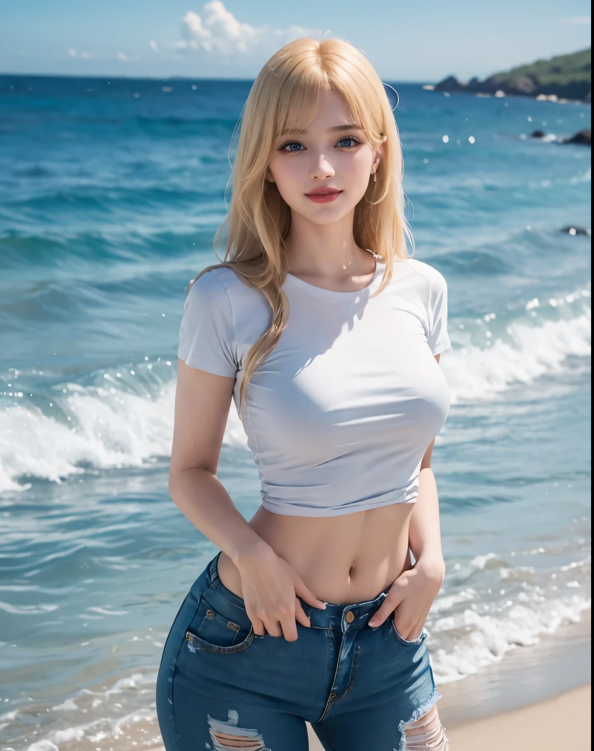 1girl, (Blue Eyes), (smiling :1.2), (Sana Minatozaki), (beautiful makeup :1.2), wide hips, Big tits, big ass, (Best Quality, 8k, Masterpiece: 1.3), Clear Focus: 1.2, Perfect Body Beauty: 1.4, strong abs, Highly detailed face and skin texture, detailed eyes, double eyelids, red lips, (blond long hair whit bangs :1.2), (tight t-shirt :1.1), (ripped jeans :1.2), standing, dynamic pose, in a beach sea in the background, blurred background