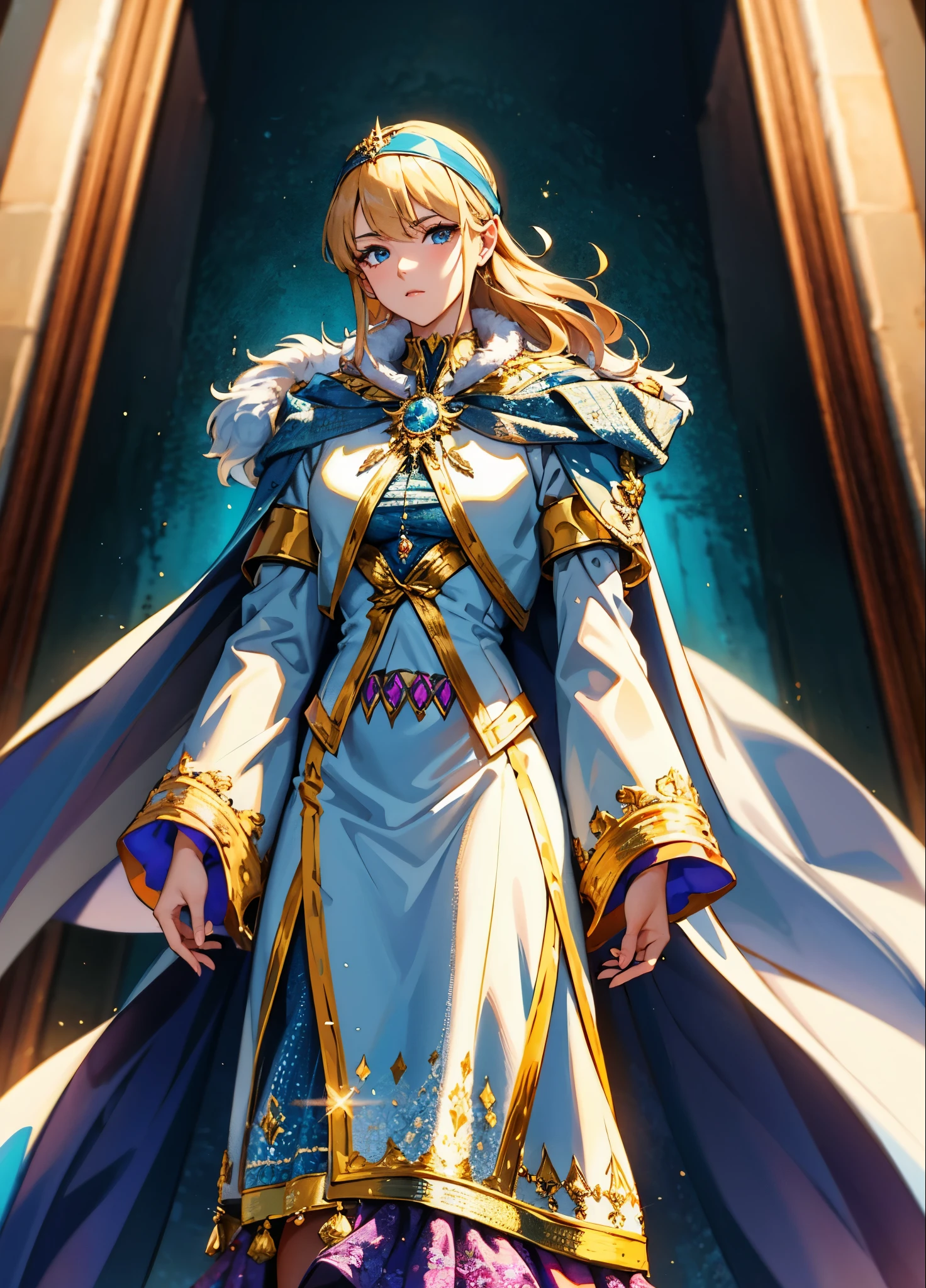 A girl with long golden hair, choppy bangs, Nordic heritage, a petite figure, delicate facial features, pale skin, porcelain skin, an innocent yet determined gaze, she wears an exquisite headband, dressed in a fantasy-style Slavic royal dress, a fur shawl draped over her shoulders, wide sleeves, a luxurious layered skirt, the background features a fantasy-style royal castle, this character embodies a finely crafted fantasy-style Slavic princess in anime style, exquisite and mature manga art style, high definition, best quality, highres, ultra-detailed, ultra-fine painting, extremely delicate, professional, anatomically correct, symmetrical face, extremely detailed eyes and face, high quality eyes, creativity, RAW photo, UHD, 32k, Natural light, cinematic lighting, masterpiece-anatomy-perfect, masterpiece:1.5
