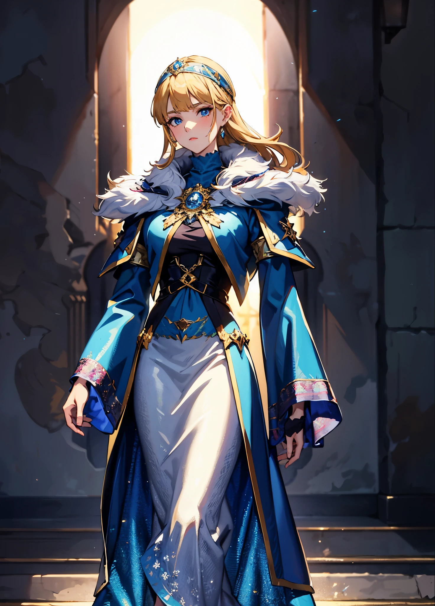A girl with long golden hair, choppy bangs, Nordic heritage, a petite figure, delicate facial features, pale skin, porcelain skin, an innocent yet determined gaze, she wears an exquisite headband, dressed in a fantasy-style Slavic royal dress, a fur shawl draped over her shoulders, wide sleeves, a luxurious layered skirt, the background features a fantasy-style royal castle, this character embodies a finely crafted fantasy-style Slavic princess in anime style, exquisite and mature manga art style, high definition, best quality, highres, ultra-detailed, ultra-fine painting, extremely delicate, professional, anatomically correct, symmetrical face, extremely detailed eyes and face, high quality eyes, creativity, RAW photo, UHD, 32k, Natural light, cinematic lighting, masterpiece-anatomy-perfect, masterpiece:1.5