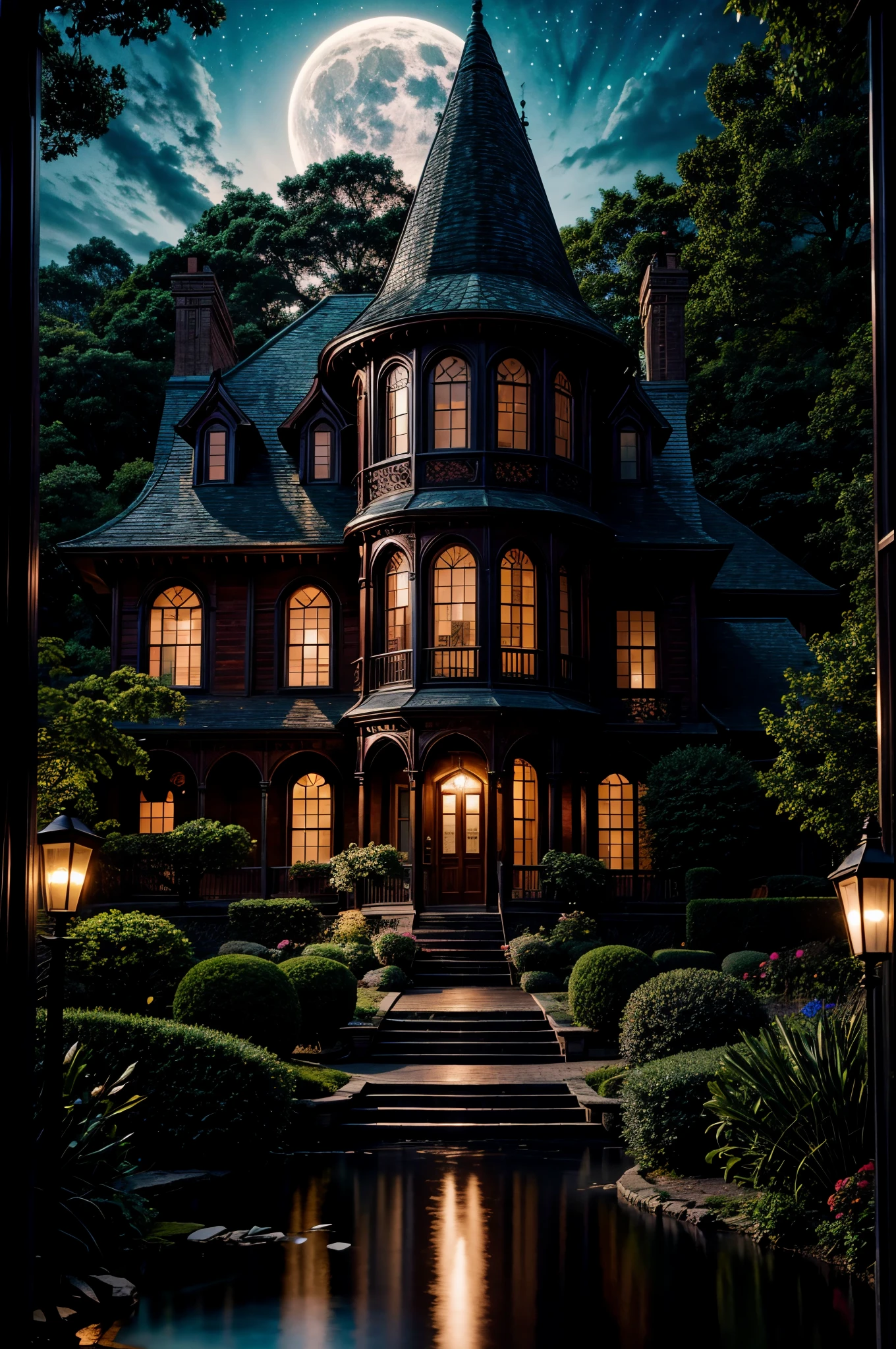 Close-up of house window, giant luminous rose at the house's heart, flowing gown fabric, obscured women silhouette, reflections of moonlight, intricate botanical carvings on the houser, otherworldly garden, pale color palette, (epic night sky), ray tracing, Super realistic photographic cinematic image 8K ULTRA HD HDR, magical photography, super detailed, (ultra detailed), (best quality, super high quality image, masterpiece), standard lens, dramatic lighting, 8k, UHD, intricate detail, (gradients), comprehensive cinematic, colorful, visual key, highly detailed, hyper-realistic, (very detailed background, detailed landscape), delicate details, raw image,