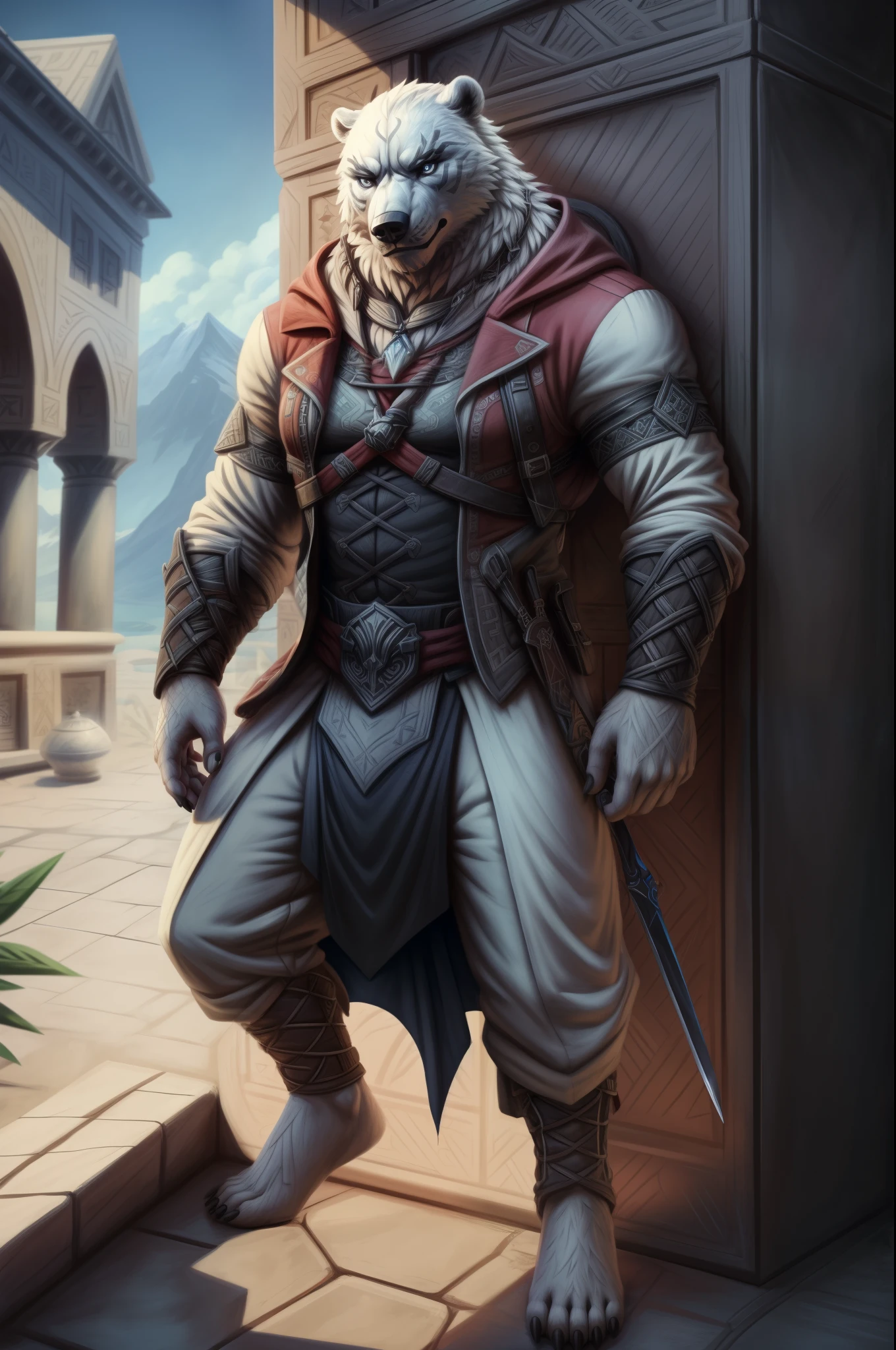 (((Barefoot furry character, full body, cinematic setting, male))) 

brawny polar bear suited as assassin, (ice bear), Assassin's Creed, ((black assassin outfit)), lurking along a wall, (wrist blades), ((using hidden blades)), 

BREAK, detailed background, 8K, (masterpiece:1.5), intricate details, highly detailed, extreme detail, octane render, fine art, best quality, highres, (detailed face:1.5), ((full_body)), UHD, (((perfect hands)))