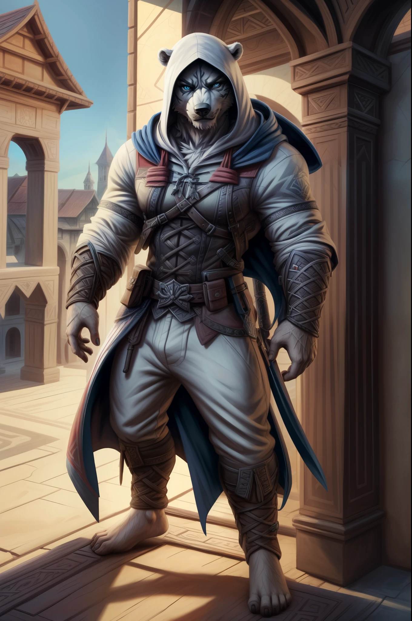 (((Barefoot furry character, full body, cinematic setting, male))) 

brawny polar bear suited as assassin, Assassin's Creed, ((black assassin suit with hood)), jump from roof, wrist blades, ((using hidden blades)), 

BREAK, detailed background, 8K, (masterpiece:1.5), intricate details, highly detailed, extreme detail, octane render, fine art, best quality, highres, (detailed face:1.5), ((full_body)), UHD, (((perfect hands)))