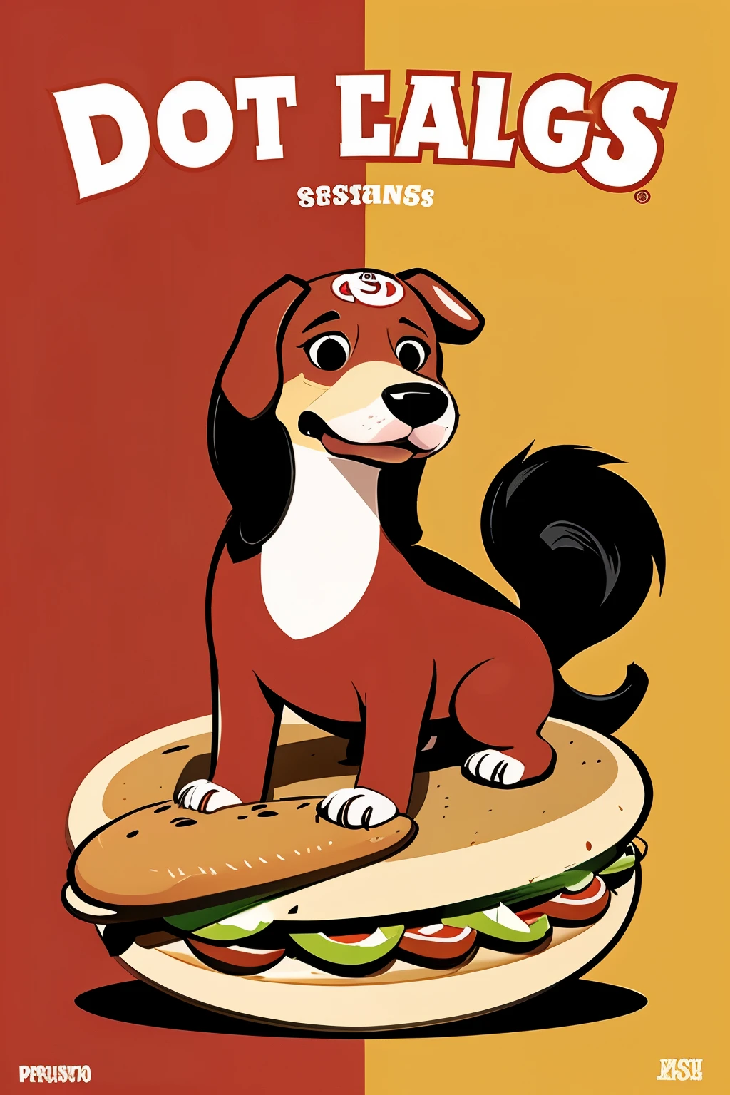 Logo de hot dogs con forma de perrito salchicha en caricatura