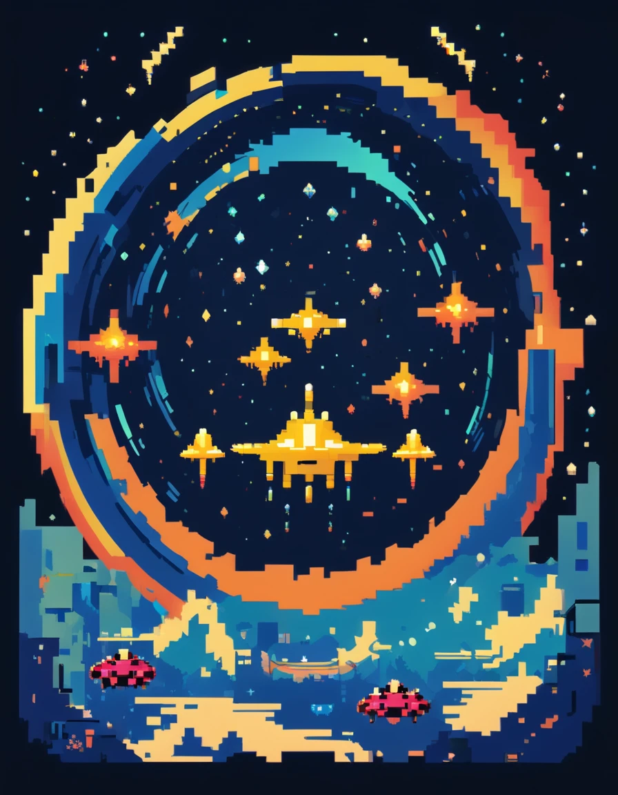 Create a retro pixel art illustration inspired by Space Invaders, capturing the nostalgic essence of classic arcade gaming. Picture a dark, starry sky as the backdrop, with pixelated stars twinkling in the distance. In the foreground, depict the iconic Space Invaders aliens descending in formation, their blocky designs paying homage to the game's original sprites. The player's ship, a sleek pixelated vessel, should be positioned at the bottom of the screen, firing pixel bullets upward toward the invading horde. Enhance the scene with vibrant colors reminiscent of old-school arcade cabinets, and incorporate pixel-perfect details such as exploding aliens and laser blasts to evoke the thrilling intensity of the gameplay. Let the artwork transport viewers back to the golden age of arcade gaming with its timeless retro charm and pixel art aesthetics.