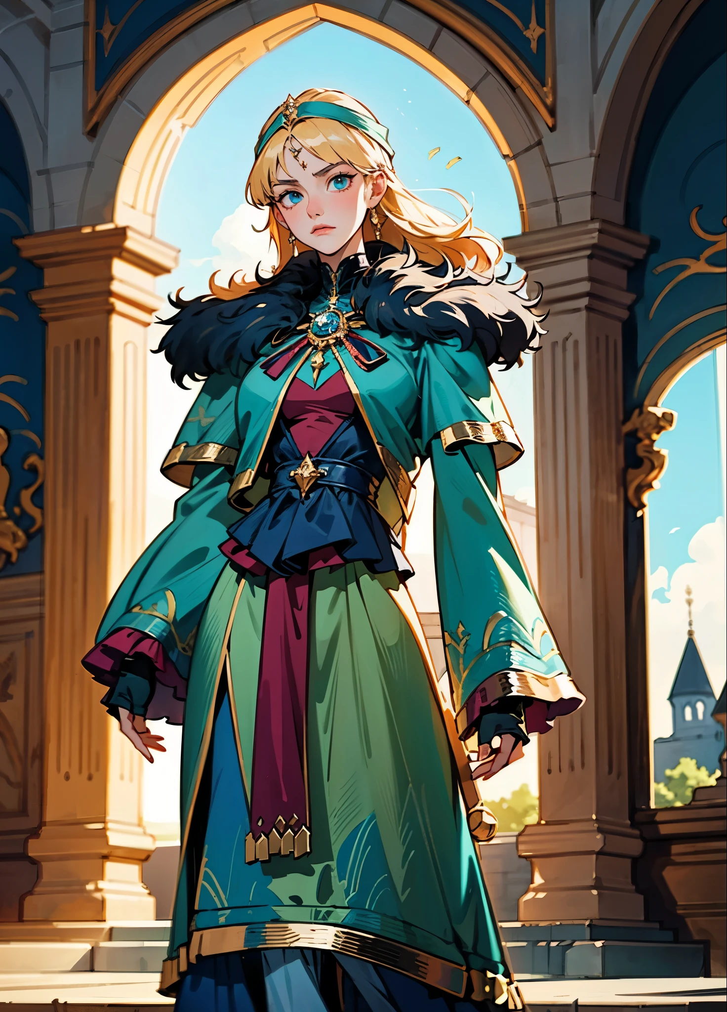 A girl with long golden hair, choppy bangs, Nordic heritage, a petite figure, delicate facial features, pale skin, porcelain skin, an innocent yet determined gaze, she wears an exquisite headband, dressed in a fantasy-style Slavic royal dress, a fur shawl draped over her shoulders, wide sleeves, a luxurious layered skirt, the background features a fantasy-style royal castle, this character embodies a finely crafted fantasy-style Slavic princess in anime style, exquisite and mature manga art style, high definition, best quality, highres, ultra-detailed, ultra-fine painting, extremely delicate, professional, anatomically correct, symmetrical face, extremely detailed eyes and face, high quality eyes, creativity, RAW photo, UHD, 32k, Natural light, cinematic lighting, masterpiece-anatomy-perfect, masterpiece:1.5