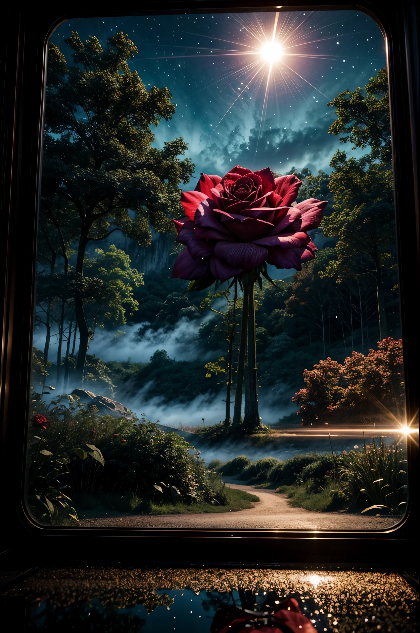 Close-up of train car window, giant luminous rose at the train's heart, flowing gown fabric, obscured passenger silhouette, reflections of moonlight, intricate botanical carvings on the train car, otherworldly forest, pale color palette, (epic night sky), ray tracing, Super realistic photographic cinematic image 8K ULTRA HD HDR, magical photography, super detailed, (ultra detailed), (best quality, super high quality image, masterpiece), standard lens, dramatic lighting, 8k, UHD, intricate detail, (gradients), comprehensive cinematic, colorful, visual key, highly detailed, hyper-realistic, (very detailed background, detailed landscape), delicate details, raw image,