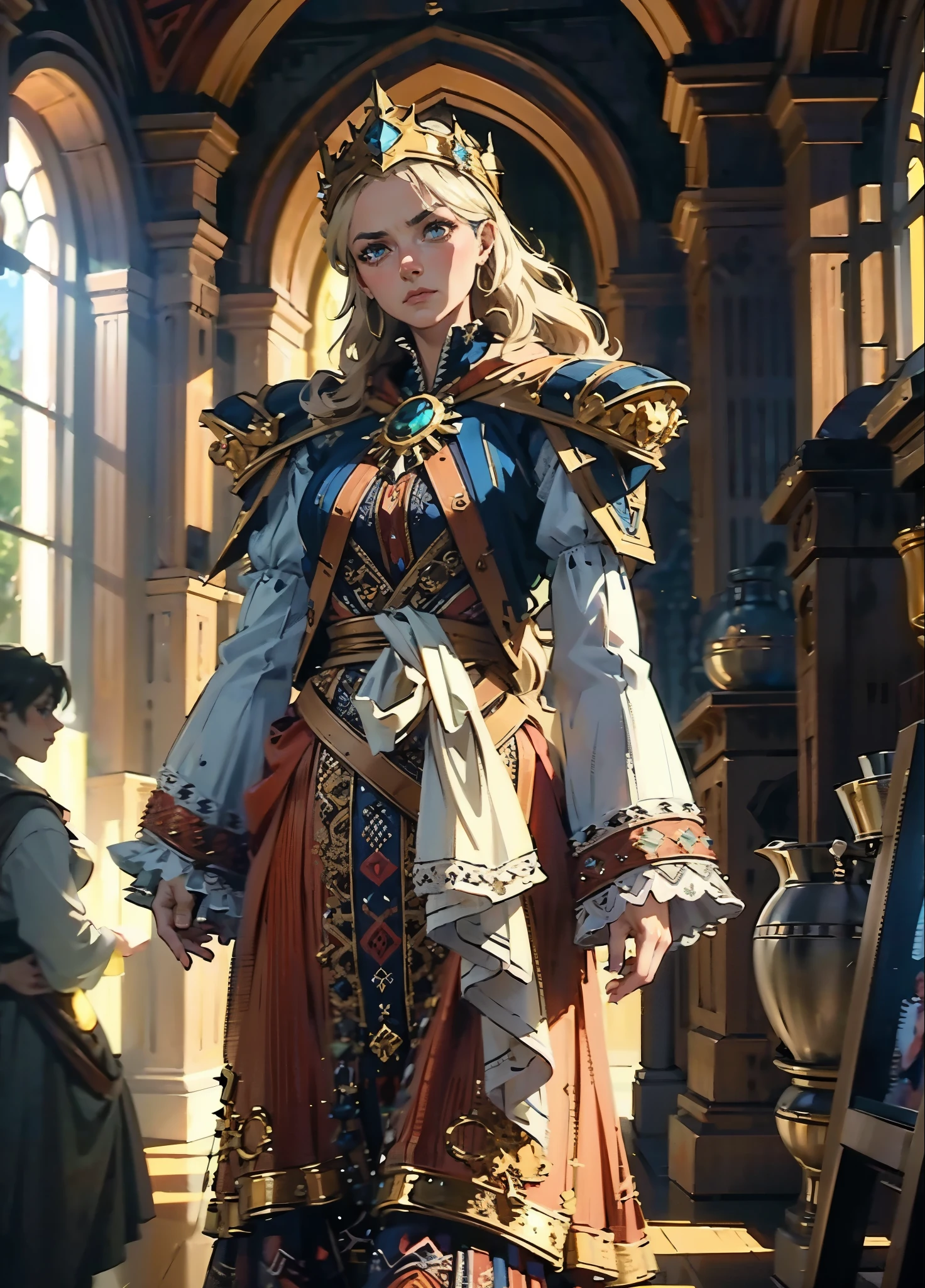 A girl with long golden hair, choppy bangs, Nordic heritage, a petite figure, delicate facial features, pale skin, porcelain skin, an innocent yet determined gaze, she wears an exquisite headband, dressed in a fantasy-style Slavic royal dress, a fur shawl draped over her shoulders, wide sleeves, a luxurious layered skirt, the background features a fantasy-style royal castle, this character embodies a finely crafted fantasy-style Slavic princess in anime style, exquisite and mature manga art style, high definition, best quality, highres, ultra-detailed, ultra-fine painting, extremely delicate, professional, anatomically correct, symmetrical face, extremely detailed eyes and face, high quality eyes, creativity, RAW photo, UHD, 32k, Natural light, cinematic lighting, masterpiece-anatomy-perfect, masterpiece:1.5