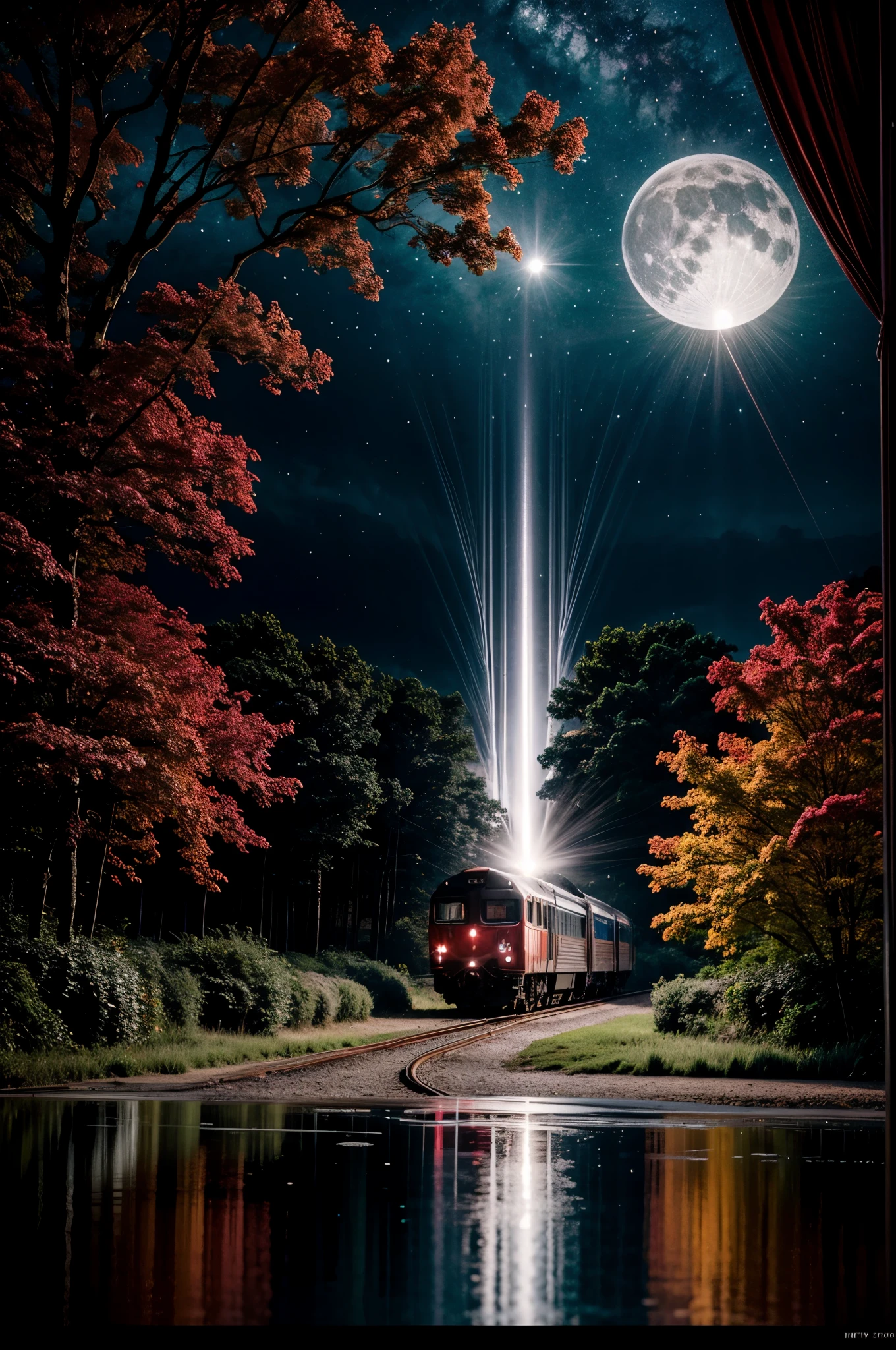 Close-up of train car window, giant luminous rose at the train's heart, flowing gown fabric, obscured passenger silhouette, reflections of moonlight, intricate botanical carvings on the train car, otherworldly forest, pale color palette, (epic night sky), ray tracing, Super realistic photographic cinematic image 8K ULTRA HD HDR, magical photography, super detailed, (ultra detailed), (best quality, super high quality image, masterpiece), standard lens, dramatic lighting, 8k, UHD, intricate detail, (gradients), comprehensive cinematic, colorful, visual key, highly detailed, hyper-realistic, (very detailed background, detailed landscape), delicate details, raw image,