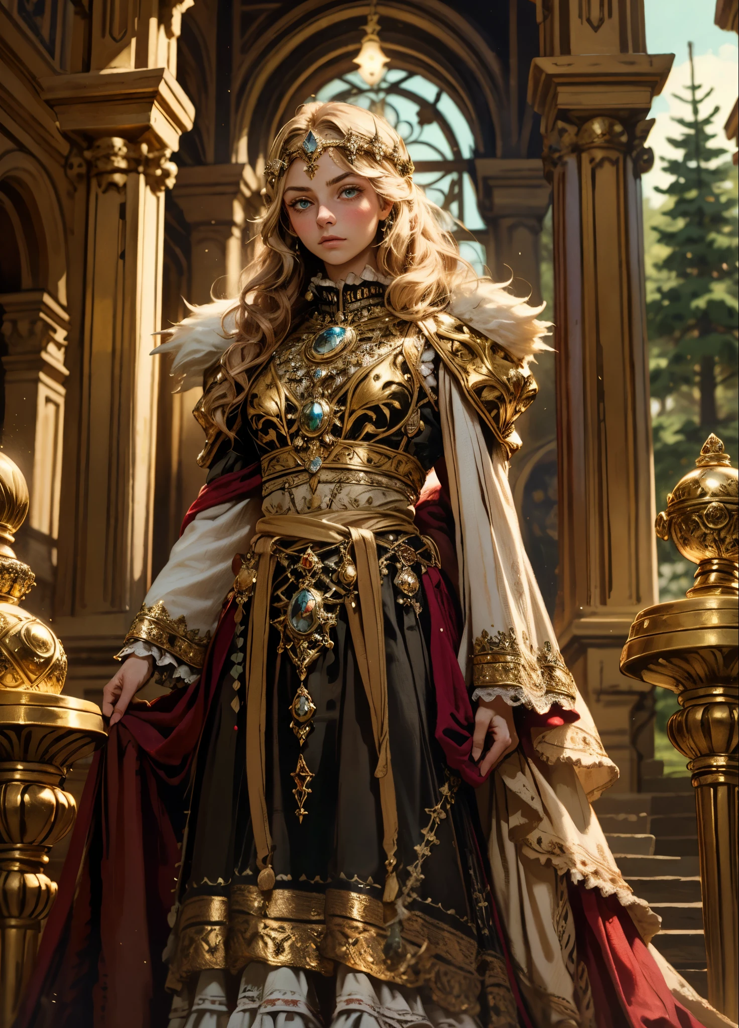 A girl with long golden hair, choppy bangs, Nordic heritage, a petite figure, delicate facial features, pale skin, porcelain skin, an innocent yet determined gaze, she wears an exquisite headband, dressed in a fantasy-style Slavic royal dress, a fur shawl draped over her shoulders, wide sleeves, a luxurious layered skirt, the background features a fantasy-style royal castle, this character embodies a finely crafted fantasy-style Slavic princess in anime style, exquisite and mature manga art style, high definition, best quality, highres, ultra-detailed, ultra-fine painting, extremely delicate, professional, anatomically correct, symmetrical face, extremely detailed eyes and face, high quality eyes, creativity, RAW photo, UHD, 32k, Natural light, cinematic lighting, masterpiece-anatomy-perfect, masterpiece:1.5