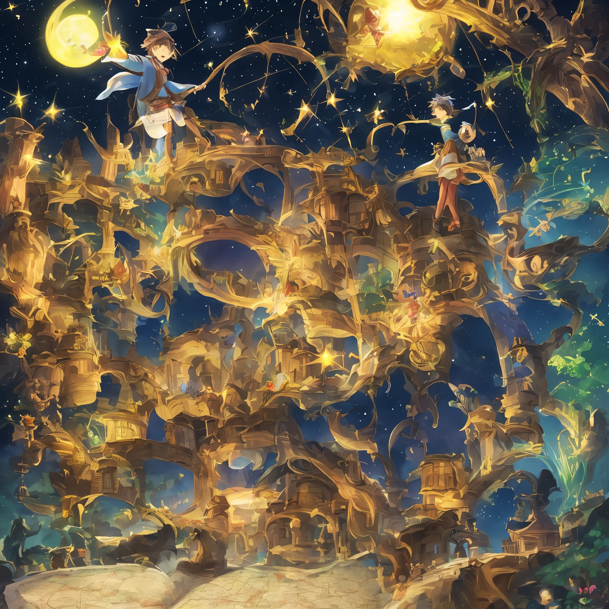 Innocent wizard boy about 3 with sparkling eyes. The boy wears a pair of glasses and a long wizard costume. Next to it was just a black cat with an annoyed expression. In his hands he held a wand and a map. That boy was looking up at the night sky with many stars. The boy is looking for his way home