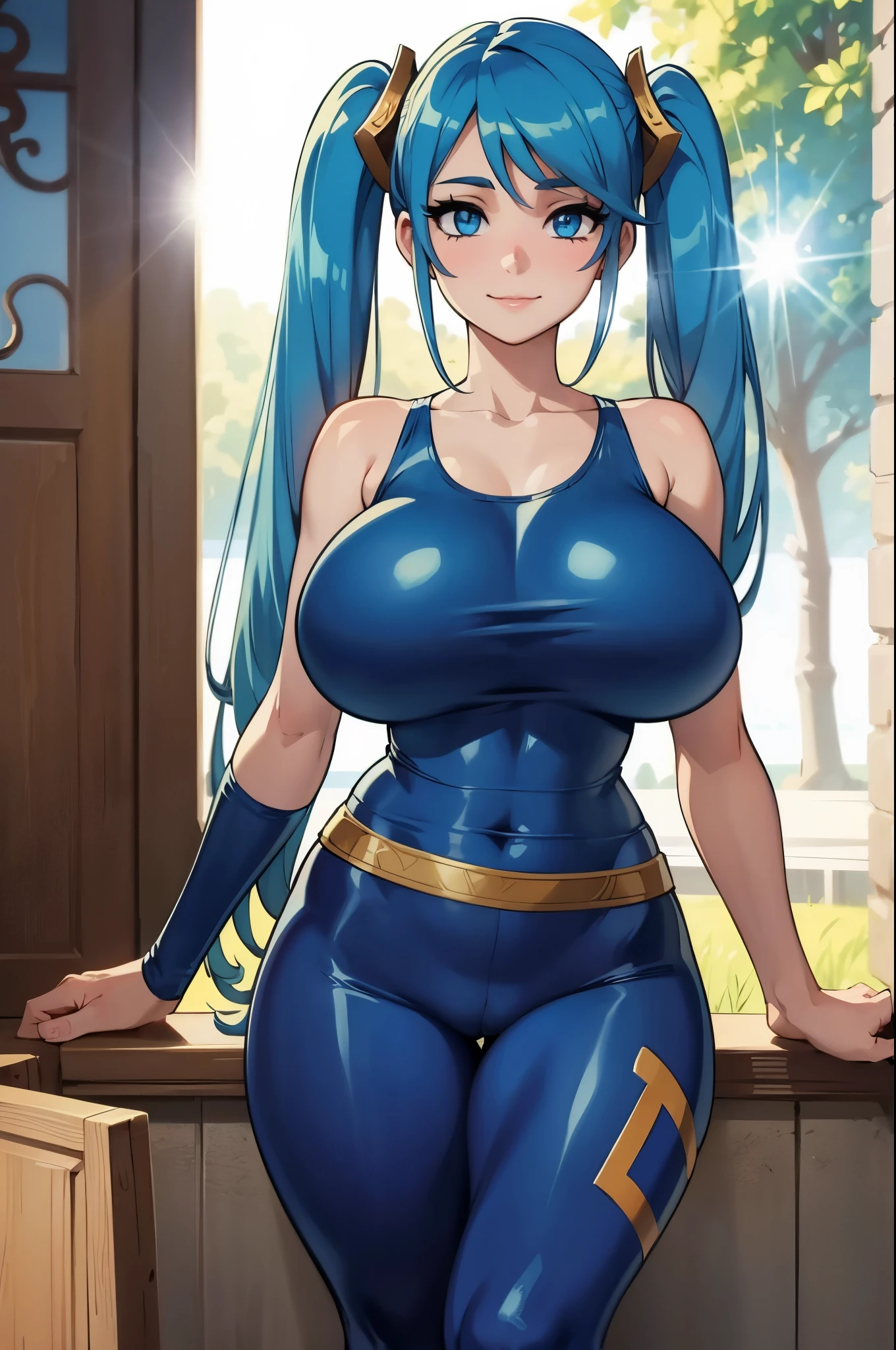 masterpiece, best quality, ultra-detailed, illustration, colorful, flat color, depth of field, lens flare, 1girl, sona buvelle, (blue hair), blue eyes, twintails, anime, (closeup), detailed skin texture, beautiful detailed face, (tight tanktop, leggins), seductive smile, alluring attire, collarbone, (gigantic breasts), ****, slender