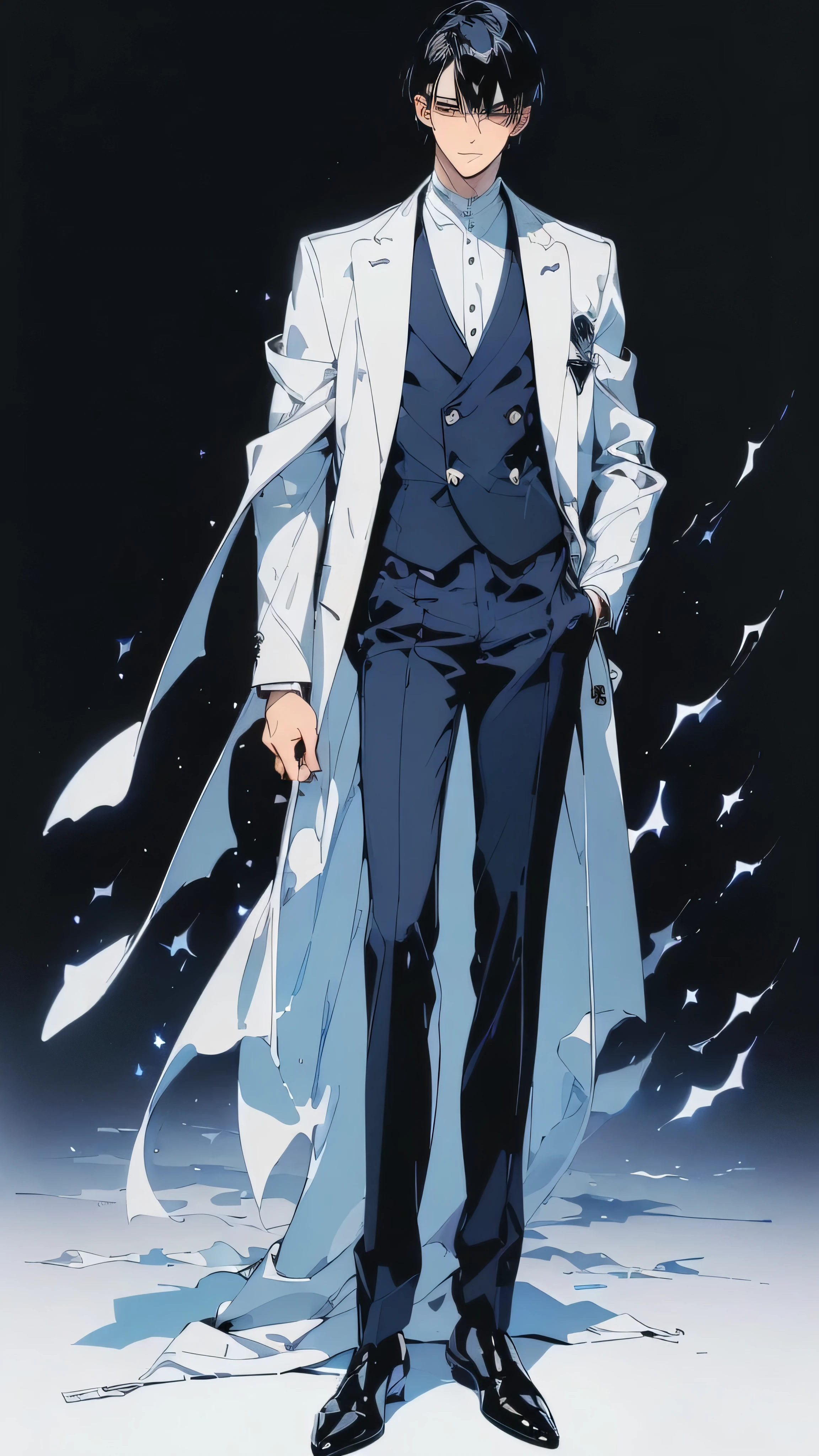 ((extremely good quality,Superb masterpiece,Anime comic style,White background,Bright light bluish white tone,modern clothing style,Handsome suits, long-sleeved shirts and trousers,Extremely exquisite details,Clear full body picture)),(((Handsome handsome man with short black hair,Tall and slender))),(Silver eyes,Trendy music decoration),Suitable for children and children