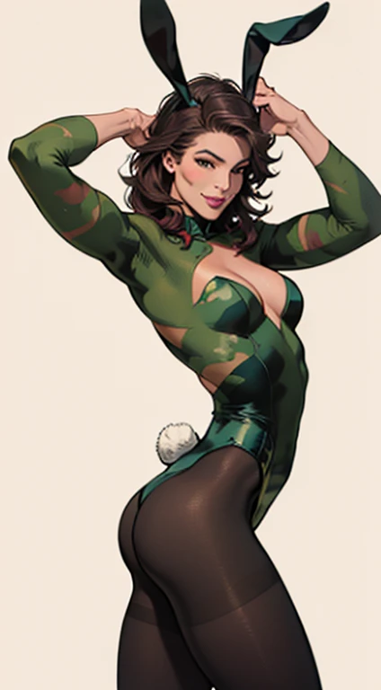 uma obra-prima, Melhor qualidade, woman wearing a militar camouflage LEOTARD,rabbit ears tiara,fake eyelashes,fleshy lips,looking to observer, little smile,tan pantyhose,SCENARIO florish florest background