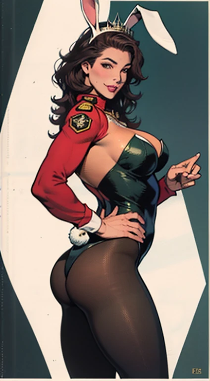 uma obra-prima, Melhor qualidade, woman wearing a militar camouflage LEOTARD,rabbit ears tiara,fake eyelashes,fleshy lips,looking to observer, little smile,tan pantyhose,SCENARIO florish florest background