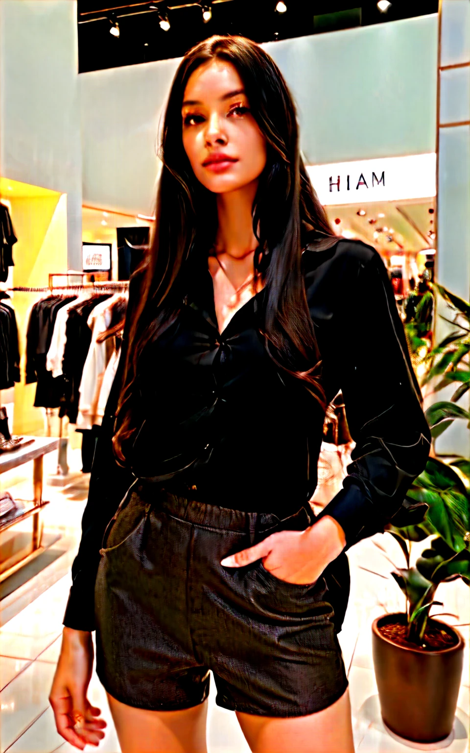 1 adult woman, posing in a mall clothing store, long hair, curly hair, black colored hair, soft skin, brown eyes, sky, plants, long shirt, short tailoring, company