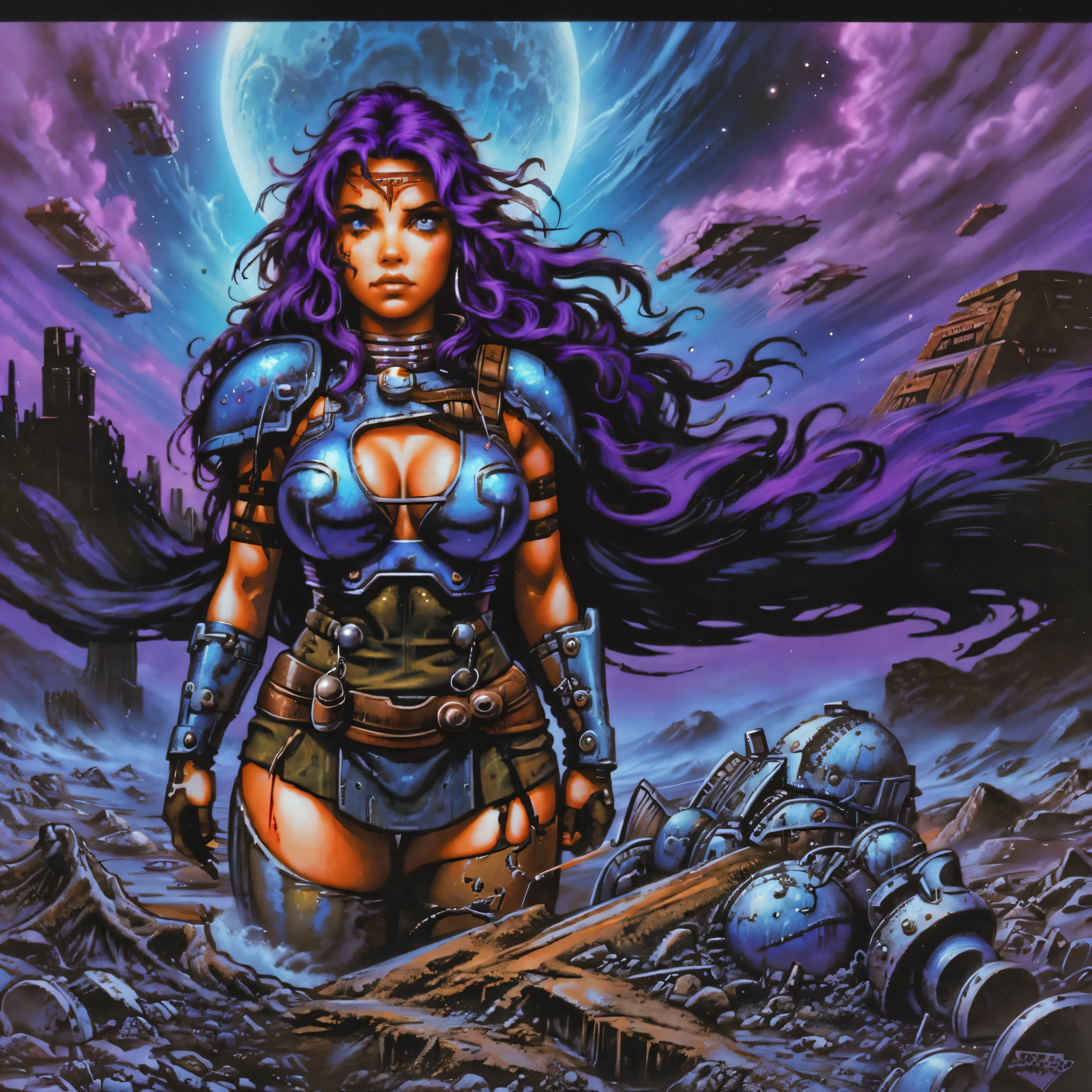 One barbarian girl, blue head girl, space-warrior girl, cyborg girl, beautiful bbw girl, chubby girl, woman-warrior, whole body, nude body, Perfect skin, space background, blood rain, dark fantasy, Linsner style, Science fiction, 80s, 16-bit game, VHS era, planet in space background, purple lightning, psychedelic color background, smog, fog, swamp, girl in swamp, mad max style, vhs tape cover