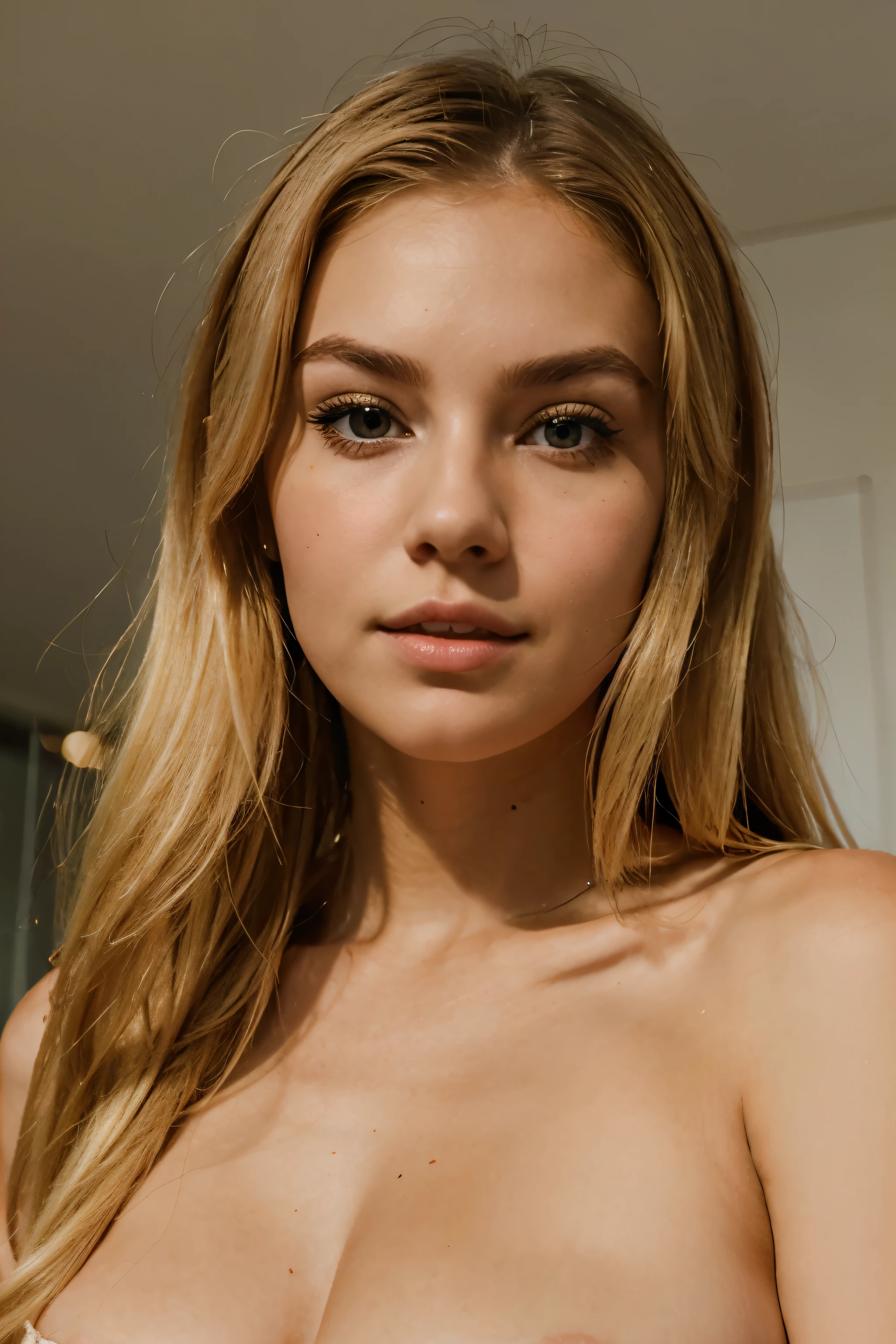 User
create a prompt about a blonde woman with a large neckline frontal portrait