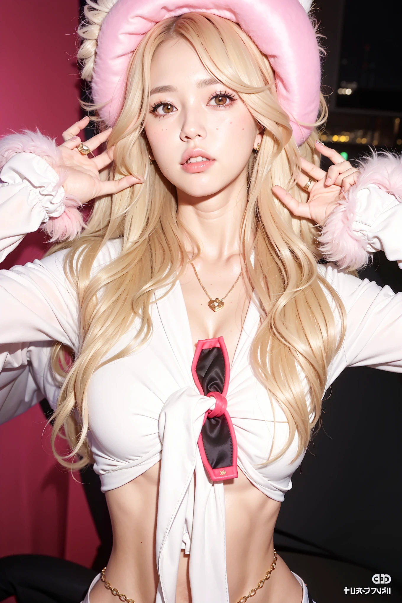 Mujer rubia vestida de rosa posando para una foto con sombrero rosa y gafas de sol, ulzzang, bella delfina, ava max, parque roseanne de blackpink, kim taejin, Lalisa Manoban de Blackpink, Lalisa Manobal, Muchacha rosada, con pelo largo y rubio, jinyoung shin, Junko Enoshima, with long, floppy rabbit ears, imagen filtrada