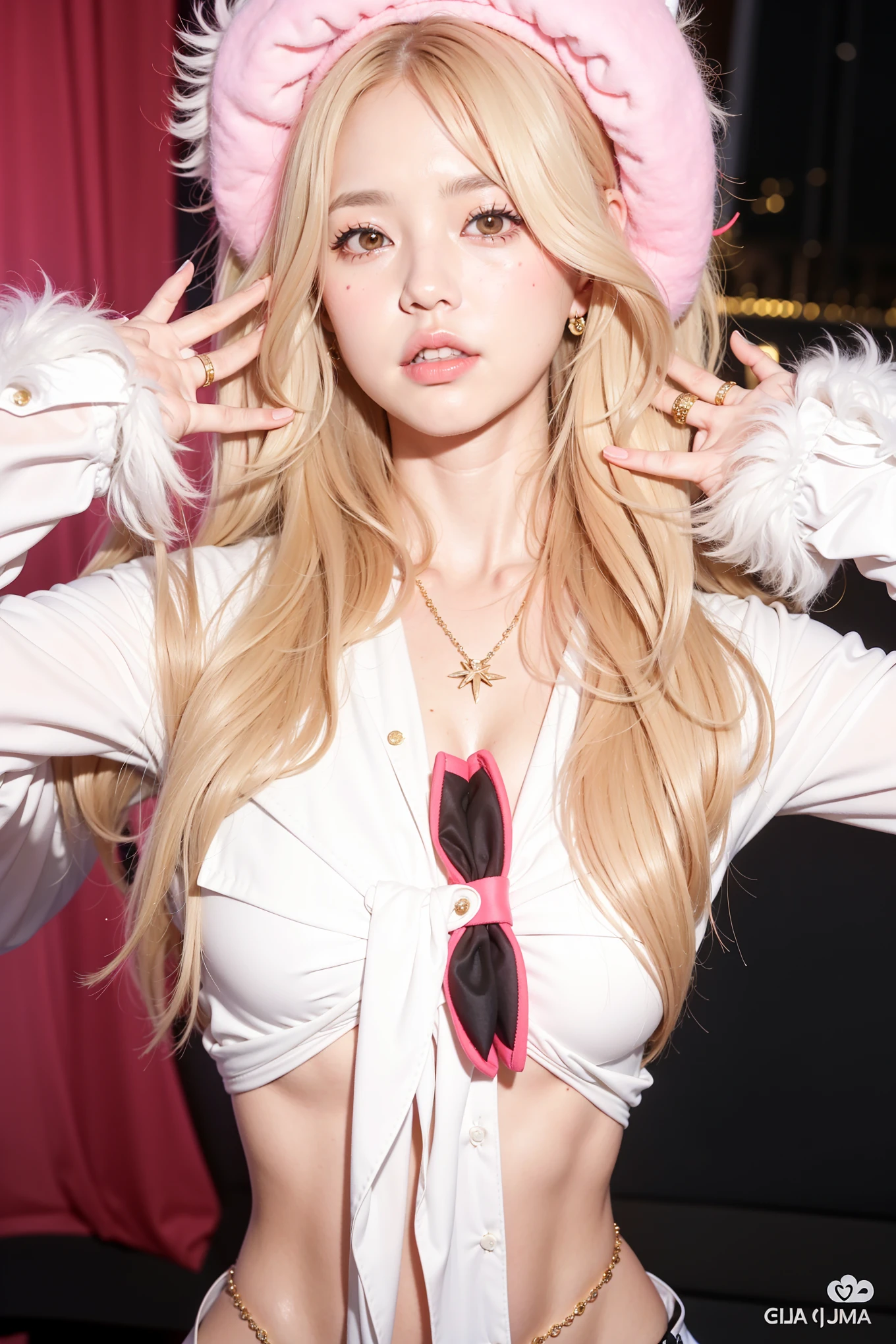 Mujer rubia vestida de rosa posando para una foto con sombrero rosa y gafas de sol, ulzzang, bella delfina, ava max, parque roseanne de blackpink, kim taejin, Lalisa Manoban de Blackpink, Lalisa Manobal, Muchacha rosada, con pelo largo y rubio, jinyoung shin, Junko Enoshima, with long, floppy rabbit ears, imagen filtrada