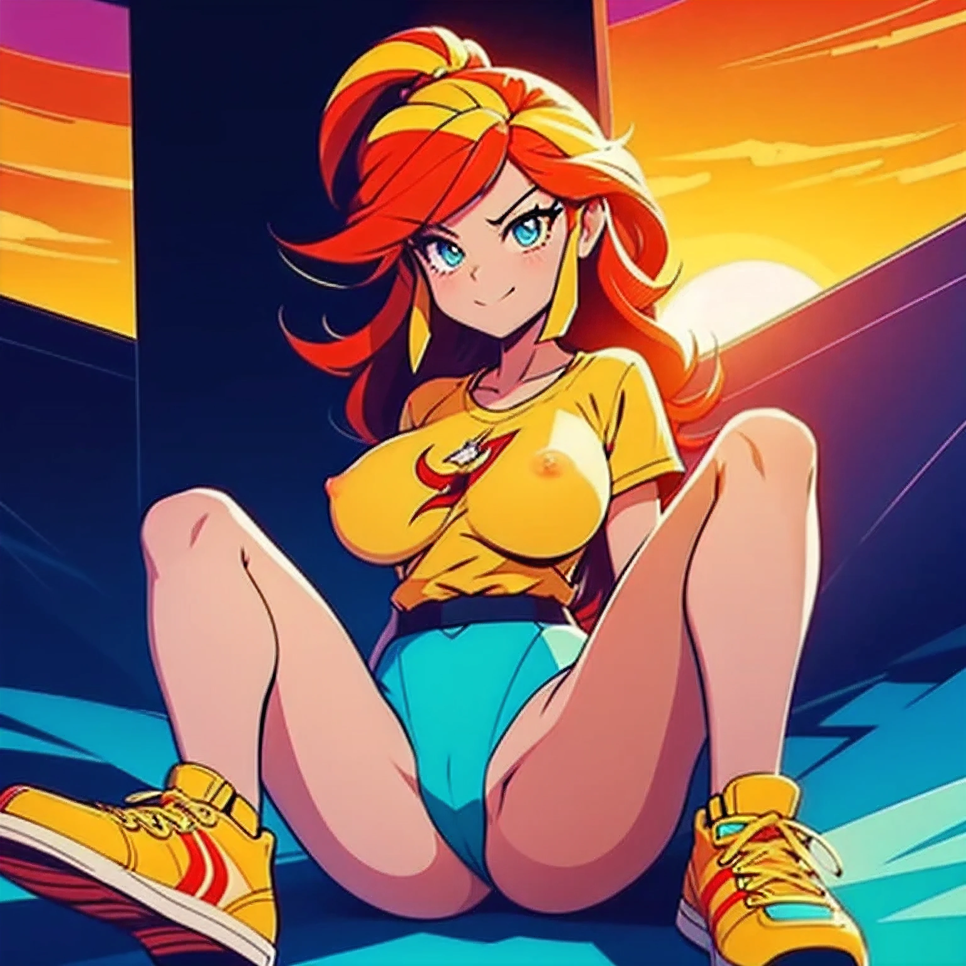 STICKER, (solid outline:1.2), (NSFW:1.2), full-Length, Sunsethuman, Sunset Shimmer sitting down, legs open, shoes visible, Sunset Shimmer big breasts exposed, Sunset Shimmer from my little pony, Sunset Shimmer in the form of a girl, big breasts, lush breasts, voluminous breasts, firm breast, detailed hands, two tones of hair, red and yellow hair, solo, one character, medium body, turquoise eyes, gentle smile, simple sunset, very beautiful fantasy art, beautiful and elegant female pony girl, red and yellow colour palate, red and yellow colour-theme, vintage t-shirt design, in the style of hand drawing, 3D vector art, fantasy art, watercolour effect, Adobe Illustrator, hand-drawn, digital painting, low-poly, soft lighting, isometric style, retro aesthetic, focused on the character, 4K resolution