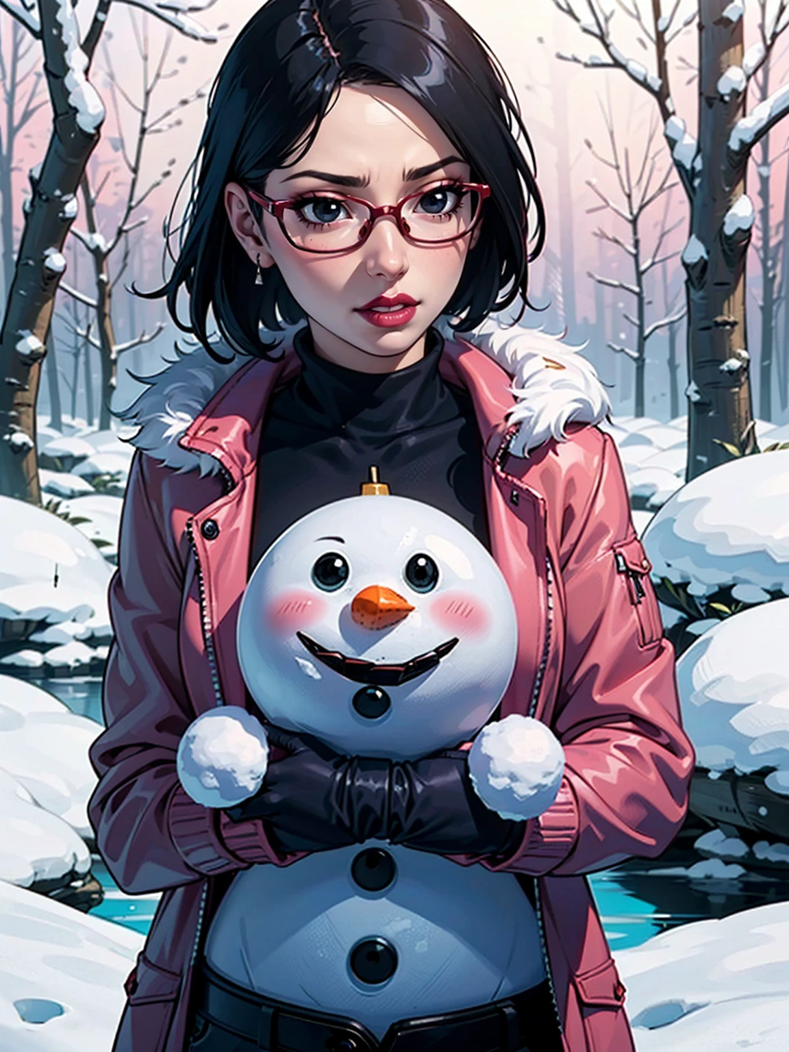 (1girl, solo, alone), (WakatsukiRisa, Sarada Uchiha, black hair, short hair, black eyes, red glasses), ((solo, (1woman, pink lipstick, black eyes), Extremely detailed, ambient soft lighting, 4k, perfect eyes, a perfect face, perfect lighting, a 1girl)), ((fitness, muscular, shapely body, athletic body, toned body)), ((seductive look, seducing, sensualizing, excited)), ((detailed, long sleeves, jacket, upper body, open clothes, sweater, open jacket, coat, fur trim, turtleneck, fur collar, hand in pocket, open coat, turtleneck sweater, fur-trimmed jacket, winter environment, snow, frozen lake, snowy forest, winter flowers, snowman, enslorado, tundra, boreal forest))