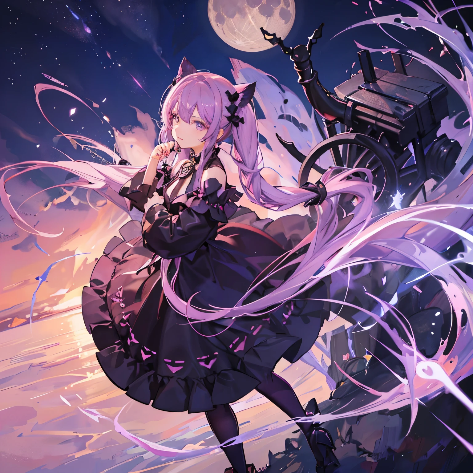 anime girl dark purple hair with home cut and twin tails and have highlight her eyes look like cat but pink she is harsh but look sweet she is witch of moon