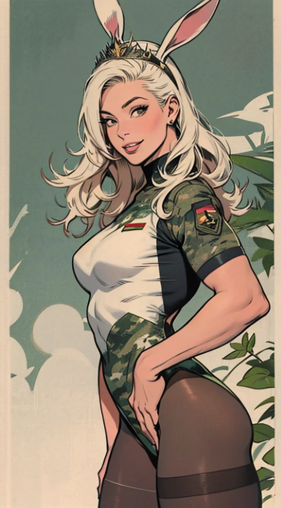 uma obra-prima, Melhor qualidade, woman wearing a militar camouflage LEOTARD,rabbit ears tiara,fake eyelashes,fleshy lips,looking to observer, little smile,tan pantyhose,SCENARIO florish florest background