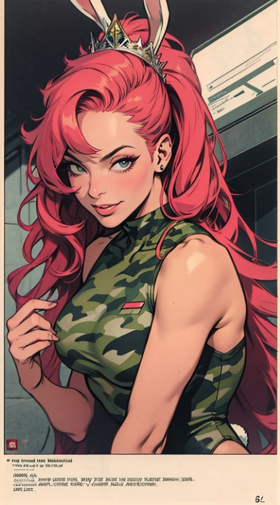 uma obra-prima, Melhor qualidade, woman wearing a militar camouflage LEOTARD,rabbit ears tiara,fake eyelashes,fleshy lips,looking to observer, little smile,tan pantyhose,SCENARIO florish florest background