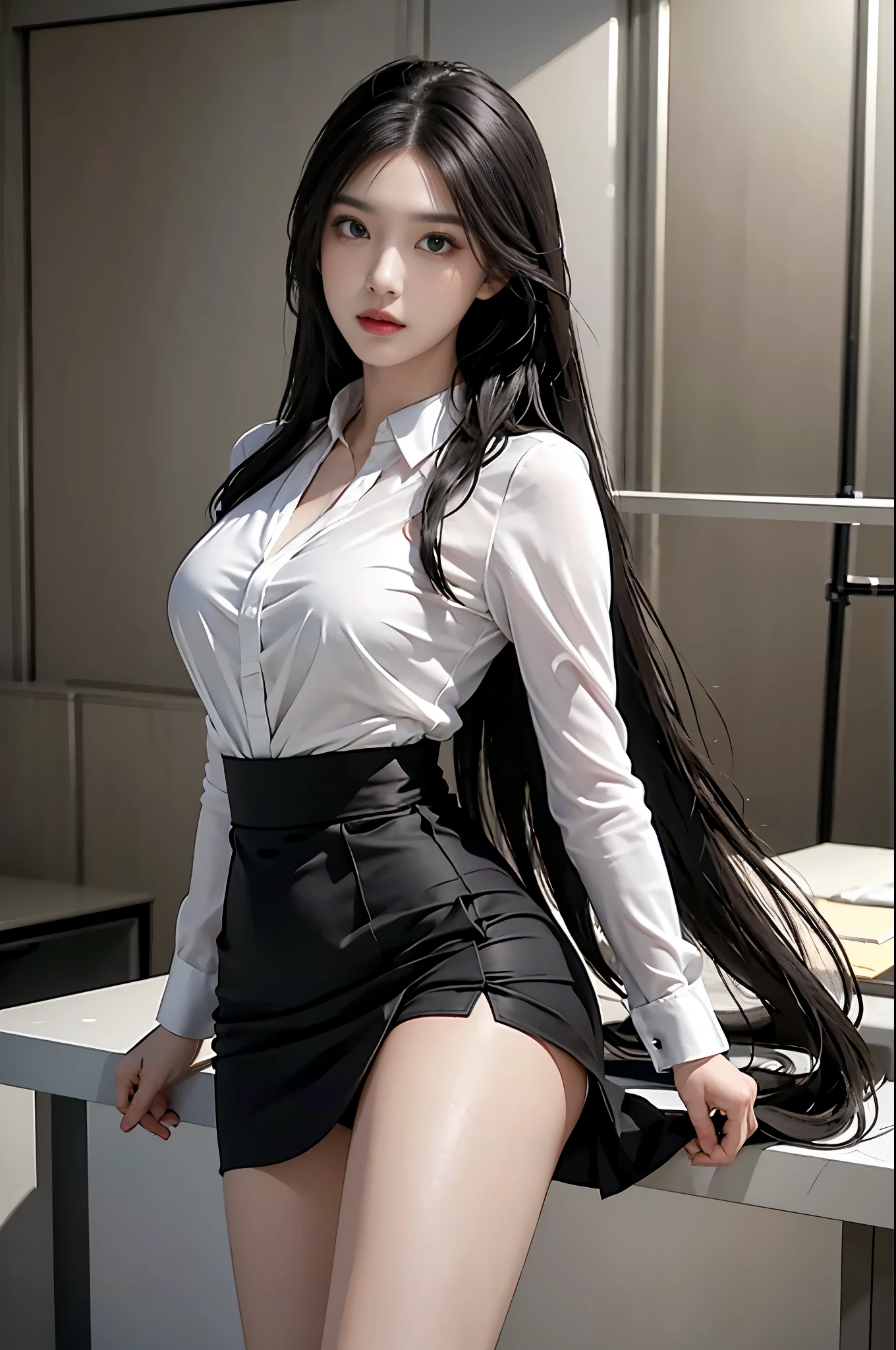 realistic, high resolution, 1 girl, butt up, beautiful eyes, black hair, long hair, round eyes, collar shirt, black tie,black skirt, Pencil skirt