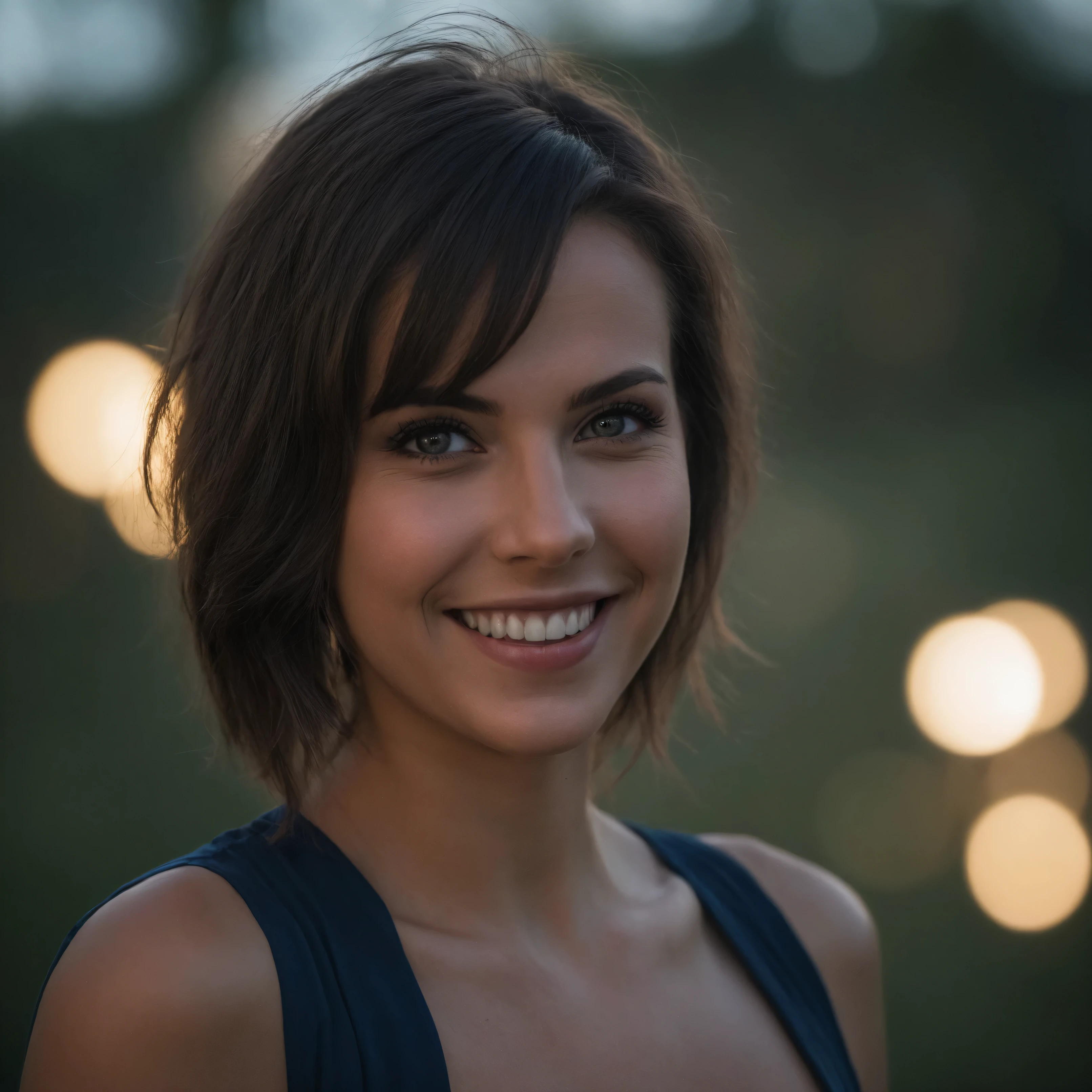 Foto-Shooting, Fotostudio, RAW-Foto, redaktionelles Foto, Filmarchivfoto, filmisch, posieren, Beautiful woman, (Sommersprossen), big smile, blaue Augen, kurzes Haar, dunkles Make-up, hyperdetailed Fotografie, Sanftes Licht, Head and shoulders portrait, Abdeckung, shrouded in shadows, Silhouette,, Dark atmosphere, ((Fokussiert auf die Augen)), female expressions, Fotografie, 35mm, Nikon D850 Filmarchivfoto, Kodak Portra 400 camera f1.6 lens, 8k, UHD