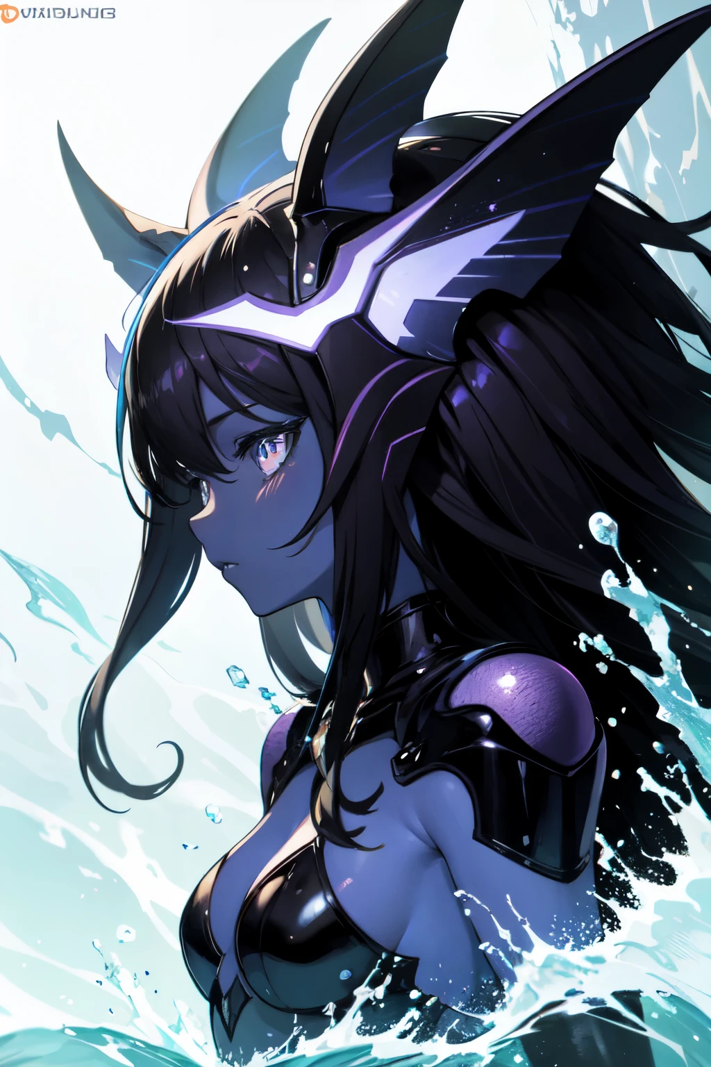 deep sea, kaiju girl, bleu eyes, , drawn art , purple and black skin