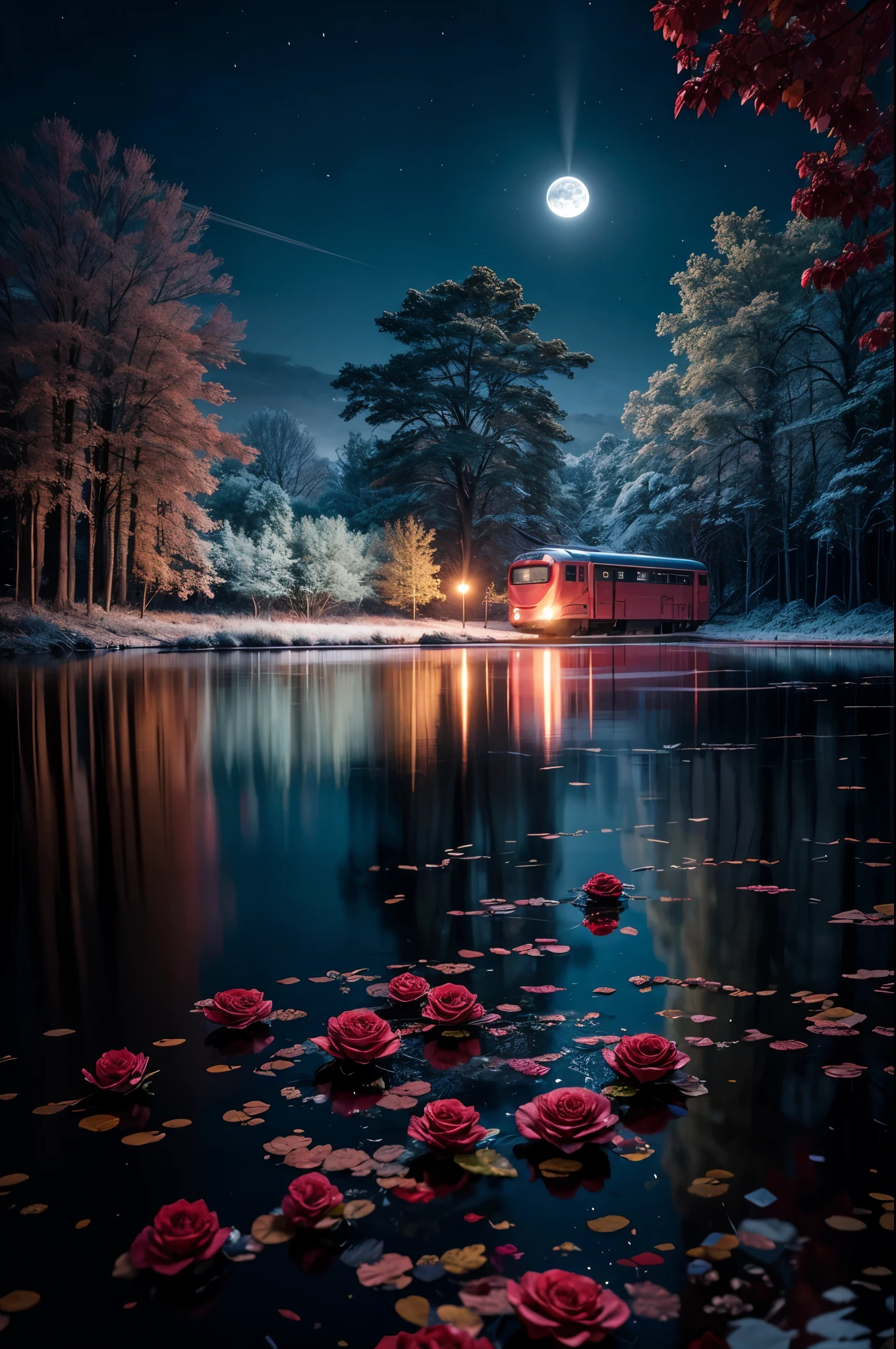 Close-up of train car window, giant luminous rose at the train's heart, flowing gown fabric, obscured passenger silhouette, reflections of moonlight, intricate botanical carvings on the train car, otherworldly forest, pale color palette, (epic night sky), ray tracing, Super realistic photographic cinematic image 8K ULTRA HD HDR, magical photography, super detailed, (ultra detailed), (best quality, super high quality image, masterpiece), standard lens, dramatic lighting, 8k, UHD, intricate detail, (gradients), comprehensive cinematic, colorful, visual key, highly detailed, hyper-realistic, (very detailed background, detailed landscape), delicate details, raw image,