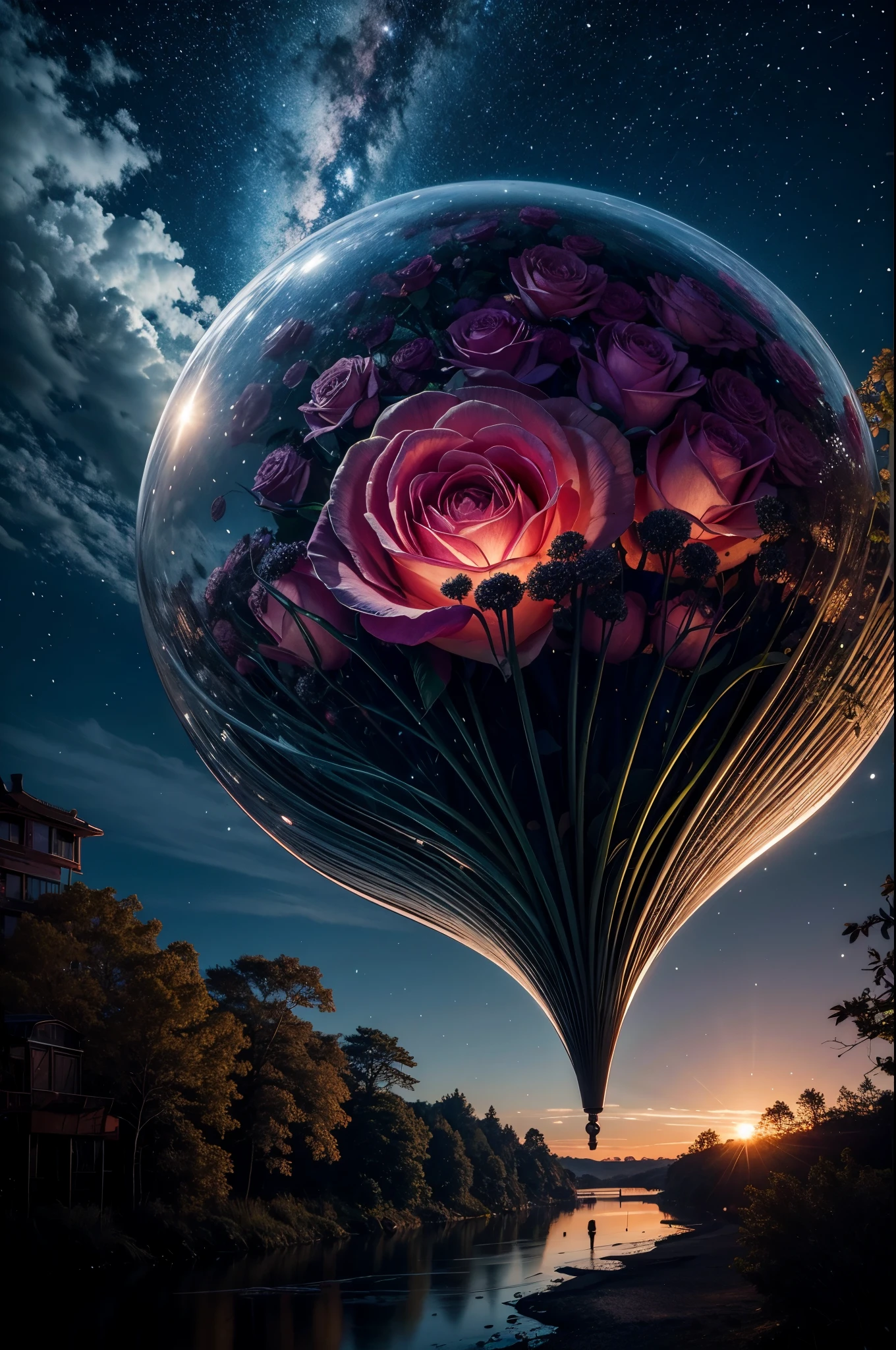 Close-up of train car window, giant luminous rose at the train's heart, flowing gown fabric, obscured passenger silhouette, reflections of moonlight, intricate botanical carvings on the train car, otherworldly forest, pale color palette, (epic night sky), ray tracing, Super realistic photographic cinematic image 8K ULTRA HD HDR, magical photography, super detailed, (ultra detailed), (best quality, super high quality image, masterpiece), standard lens, dramatic lighting, 8k, UHD, intricate detail, (gradients), comprehensive cinematic, colorful, visual key, highly detailed, hyper-realistic, (very detailed background, detailed landscape), delicate details, raw image,