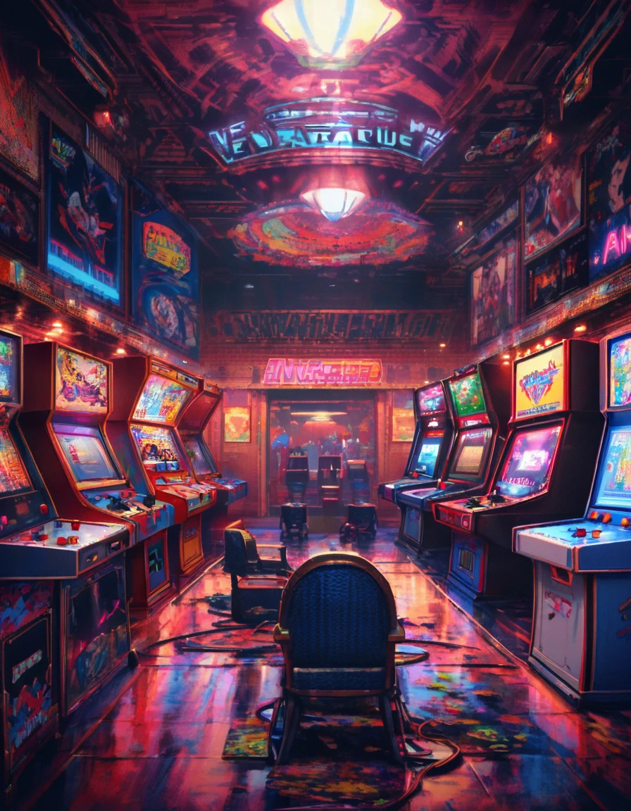 A stunningly realistic illustration captures the essence of a retro arcade, dimly lit with rows of vintage machines casting a warm, glowing ambiance. At the center, a meticulously rendered Gradius arcade cabinet beckons, showcasing its iconic title screen with pixel art graphics and vibrant colors. Surrounding it, nostalgic elements like retro posters, joystick controllers, and coin slots create an immersive atmosphere. The use of lighting and shading techniques adds depth and realism, transporting viewers into the heart of the arcade, ready to embark on an intergalactic adventure with Gradius. This artwork evokes a sense of nostalgia and excitement, paying homage to classic arcade gaming in breathtaking detail.